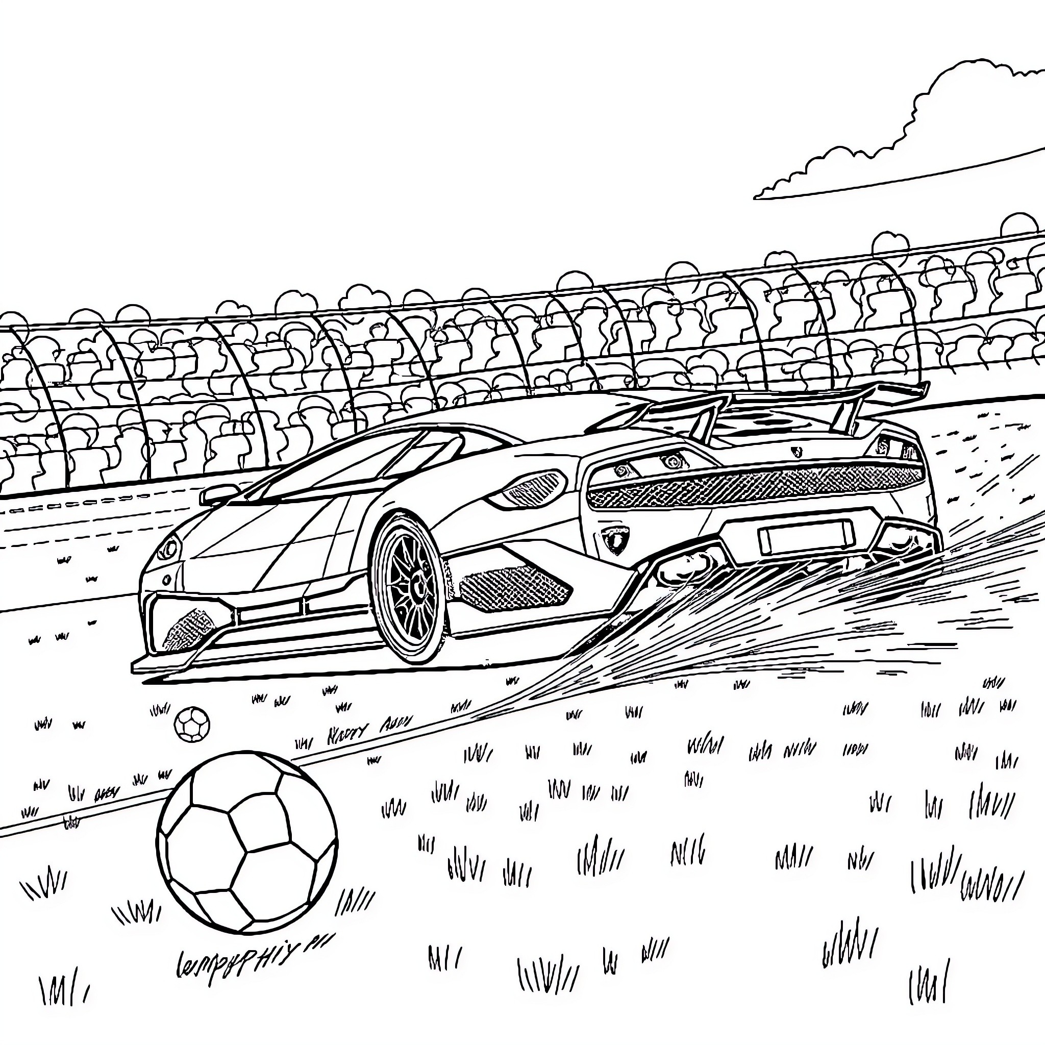 Lamborghini racing on a stadium track with a soccer ball Coloring Page (free black-and-white line drawing printable PDF for all, from beginners to advanced learners, including children, teens, adults, and seniors)