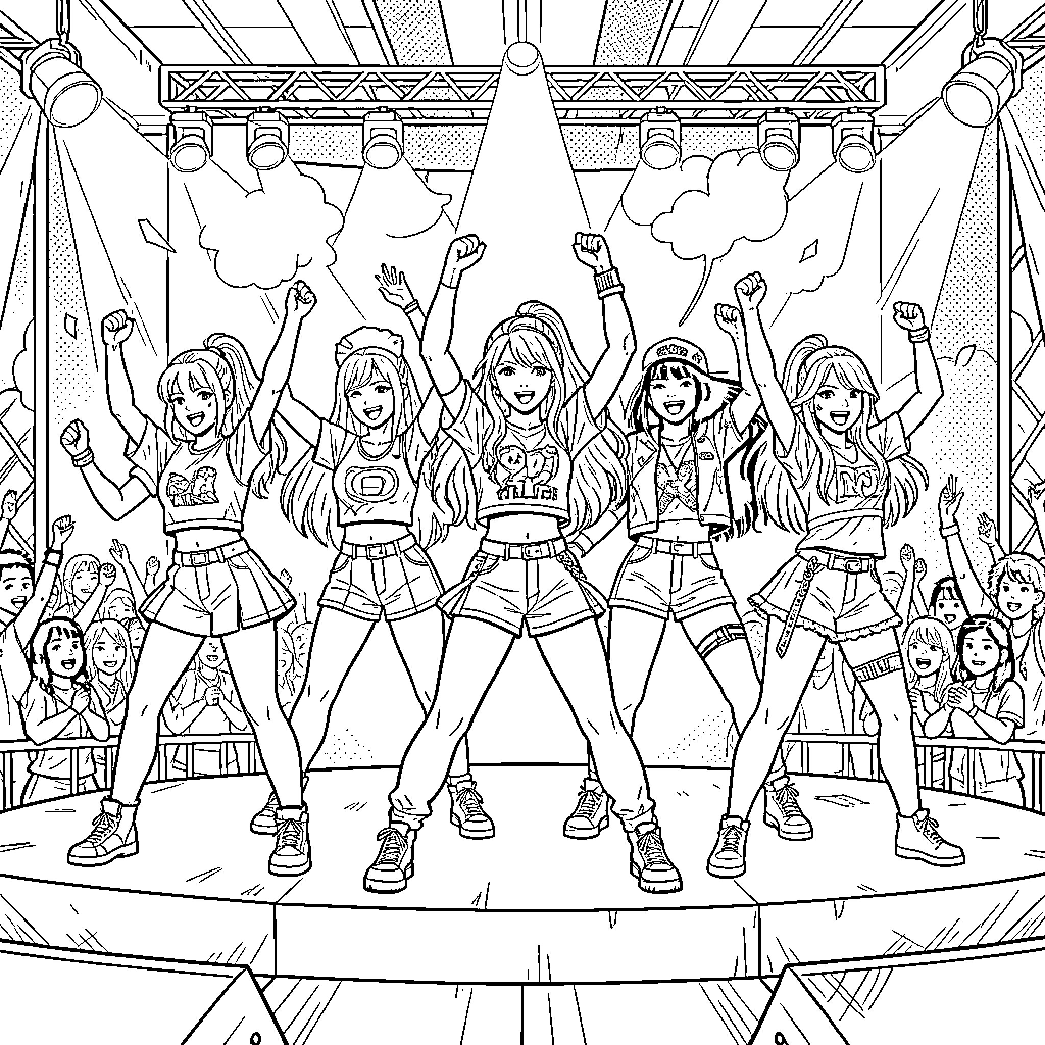 K Pop Warrior group performing energetic dance on stage Coloring Page (free black-and-white line drawing printable PDF for all, from beginners to advanced learners, including children, teens, adults, and seniors)