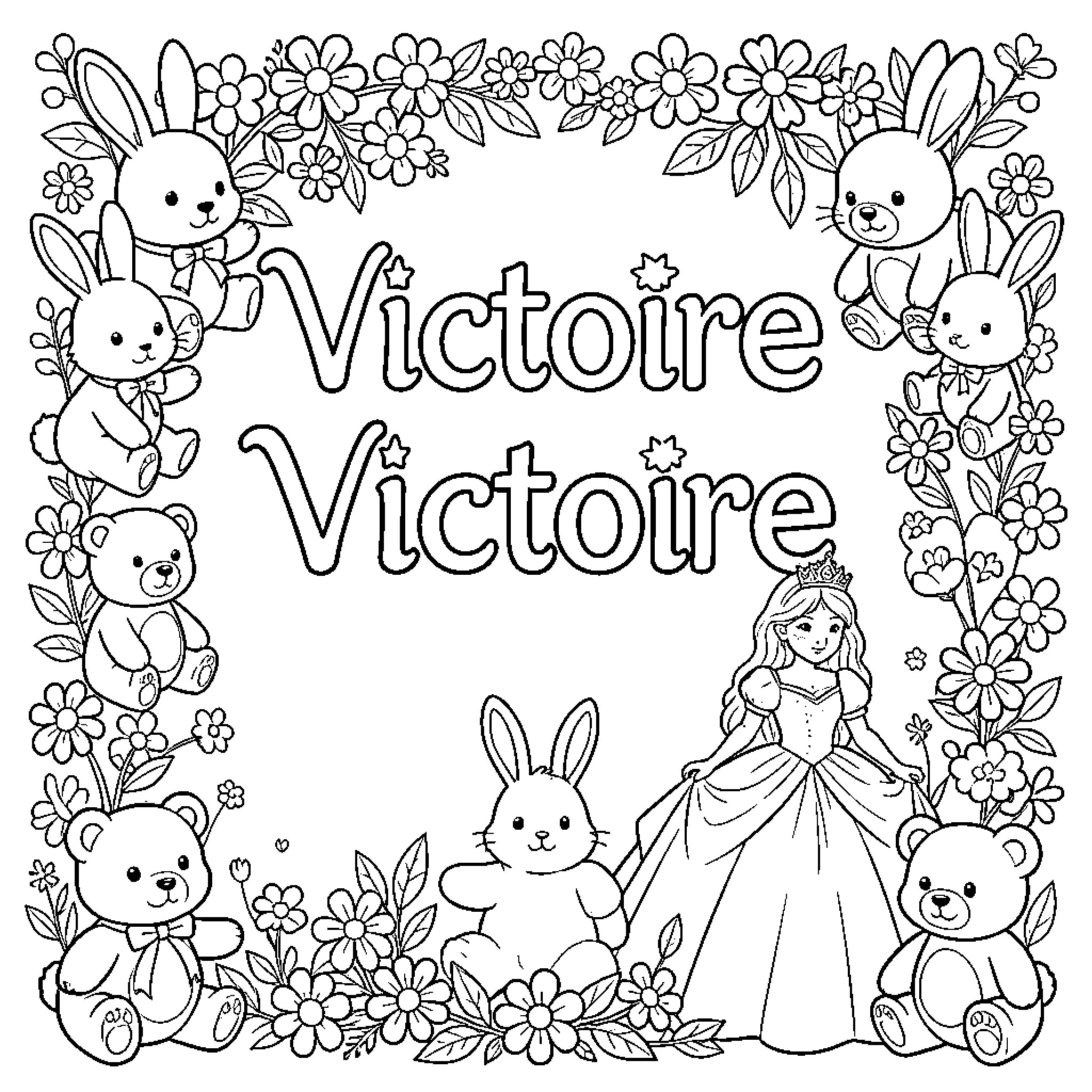 Victoire surrounded by adorable bunnies and teddy bears Coloring Page (free black-and-white line drawing printable PDF for all, from beginners to advanced learners, including children, teens, adults, and seniors)