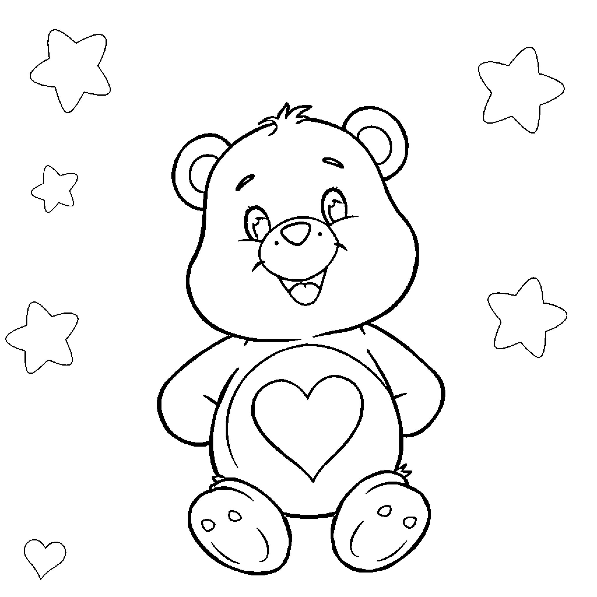 Care Bear cuddly heart-shaped toy with stars Coloring Page (free black-and-white line drawing printable PDF for all, from beginners to advanced learners, including children, teens, adults, and seniors)