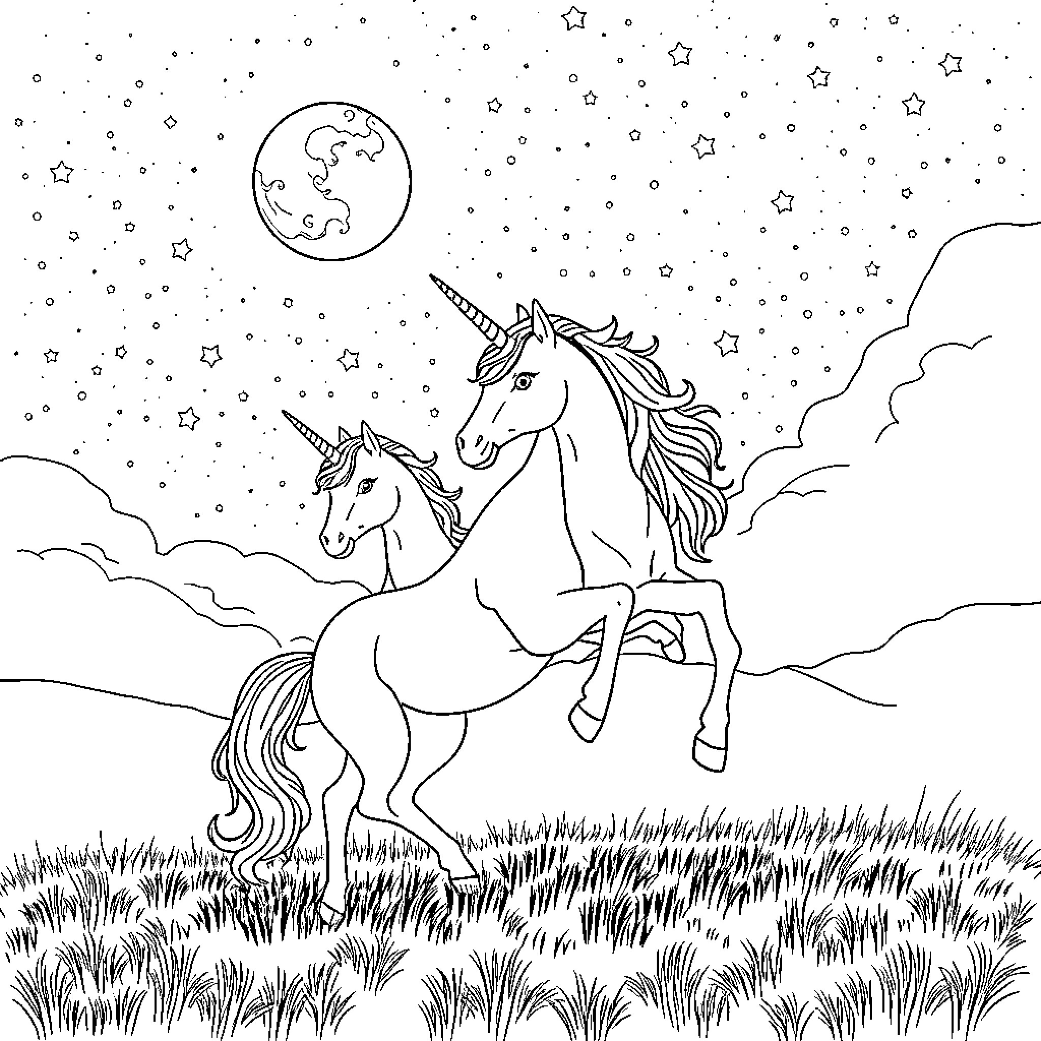 Unicorns galloping through the starry night Coloring Page (free black-and-white line drawing printable PDF for all, from beginners to advanced learners, including children, teens, adults, and seniors)