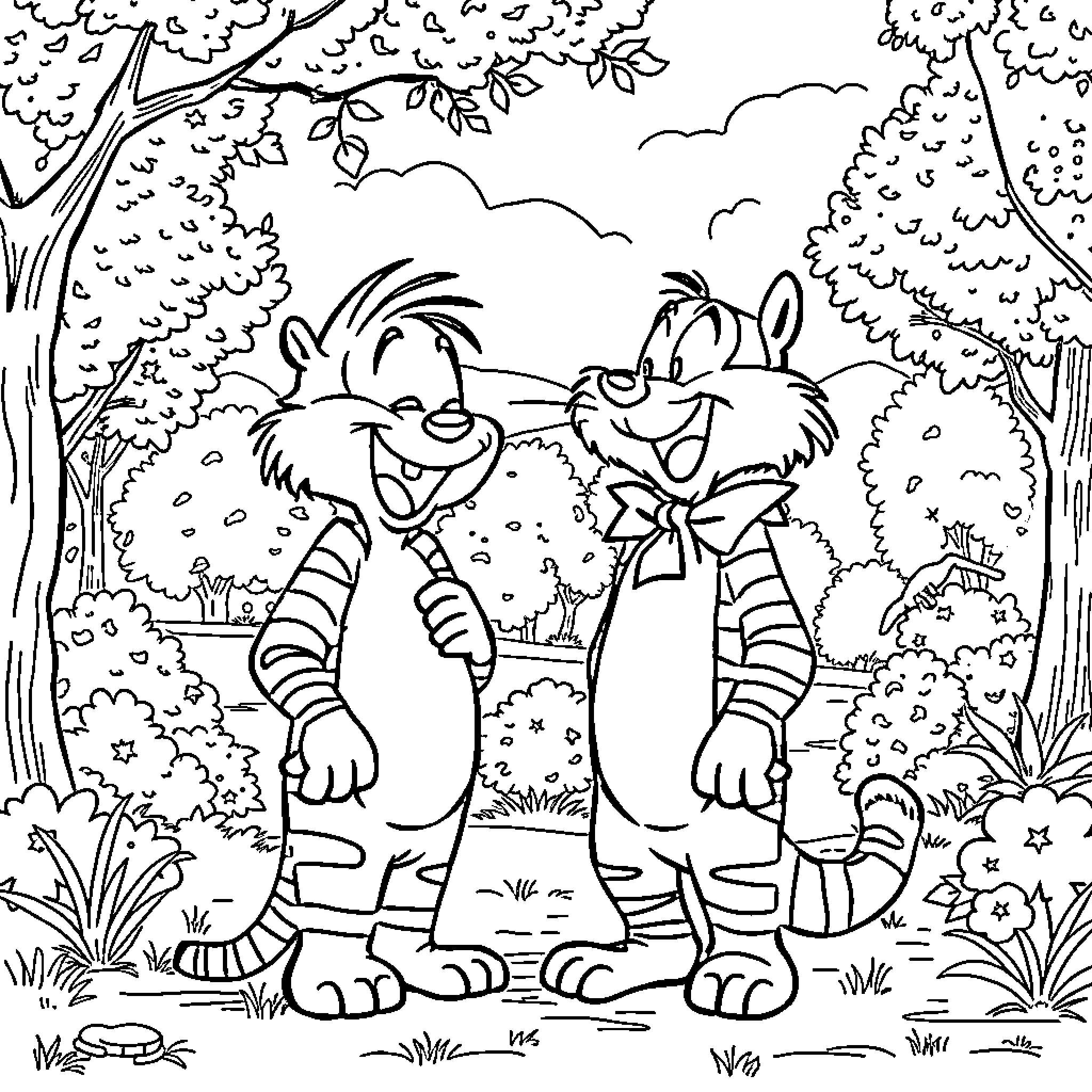 Calvin and Hobbes playing in the forest Coloring Page (free black-and-white line drawing printable PDF for all, from beginners to advanced learners, including children, teens, adults, and seniors)