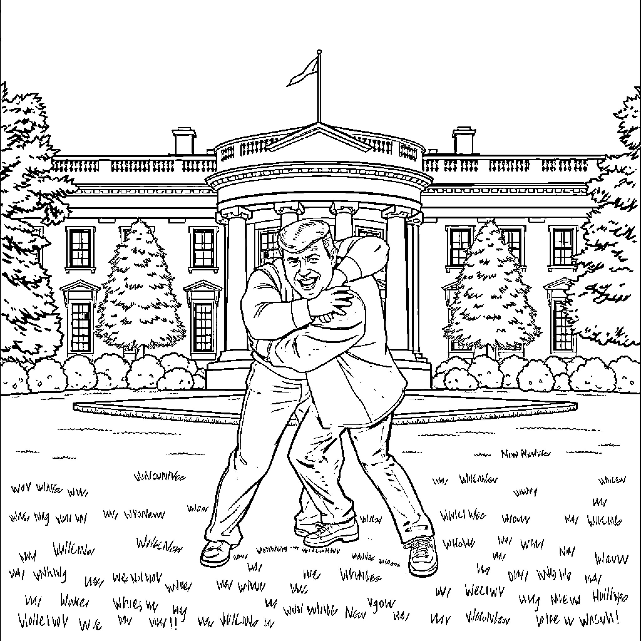 Peacemaker gesturing amidst the White House landscape Coloring Page (free black-and-white line drawing printable PDF for all, from beginners to advanced learners, including children, teens, adults, and seniors)