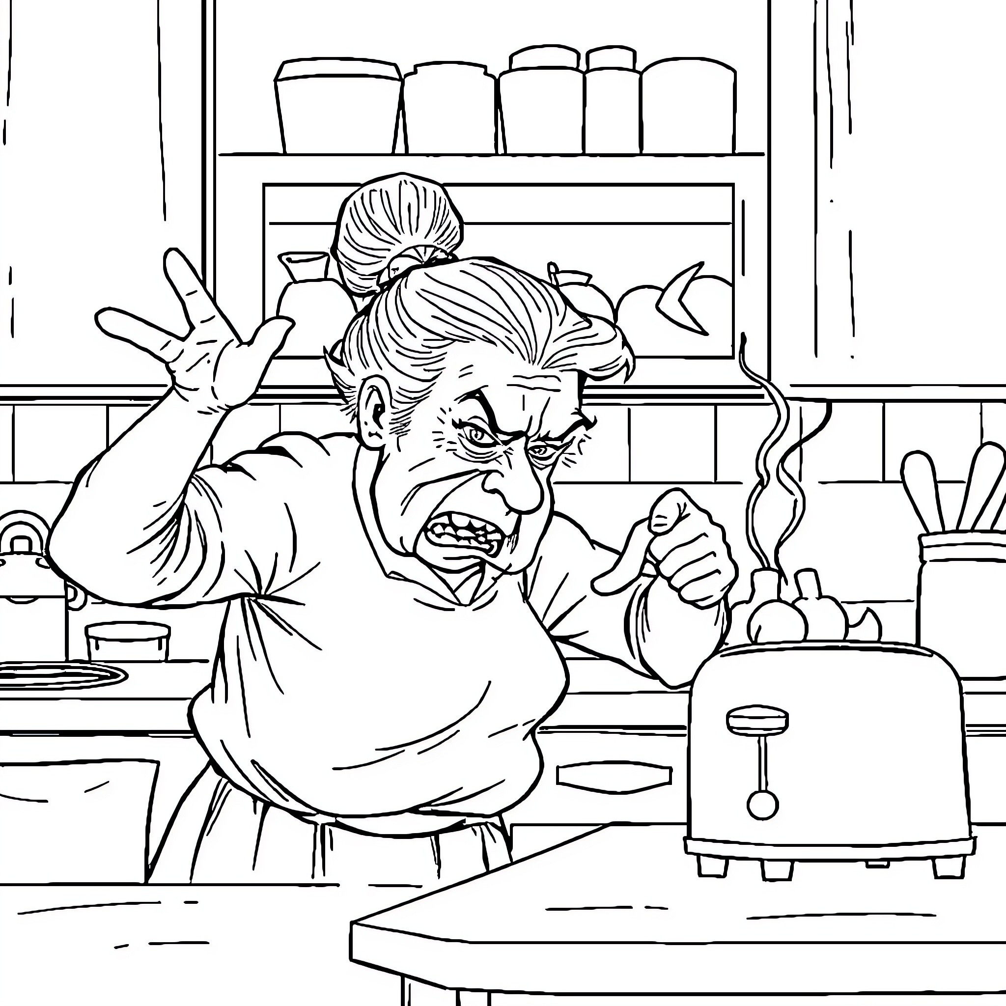 Granny's Chaotic Kitchen Antics Coloring Page (free black-and-white line drawing printable PDF for all, from beginners to advanced learners, including children, teens, adults, and seniors)