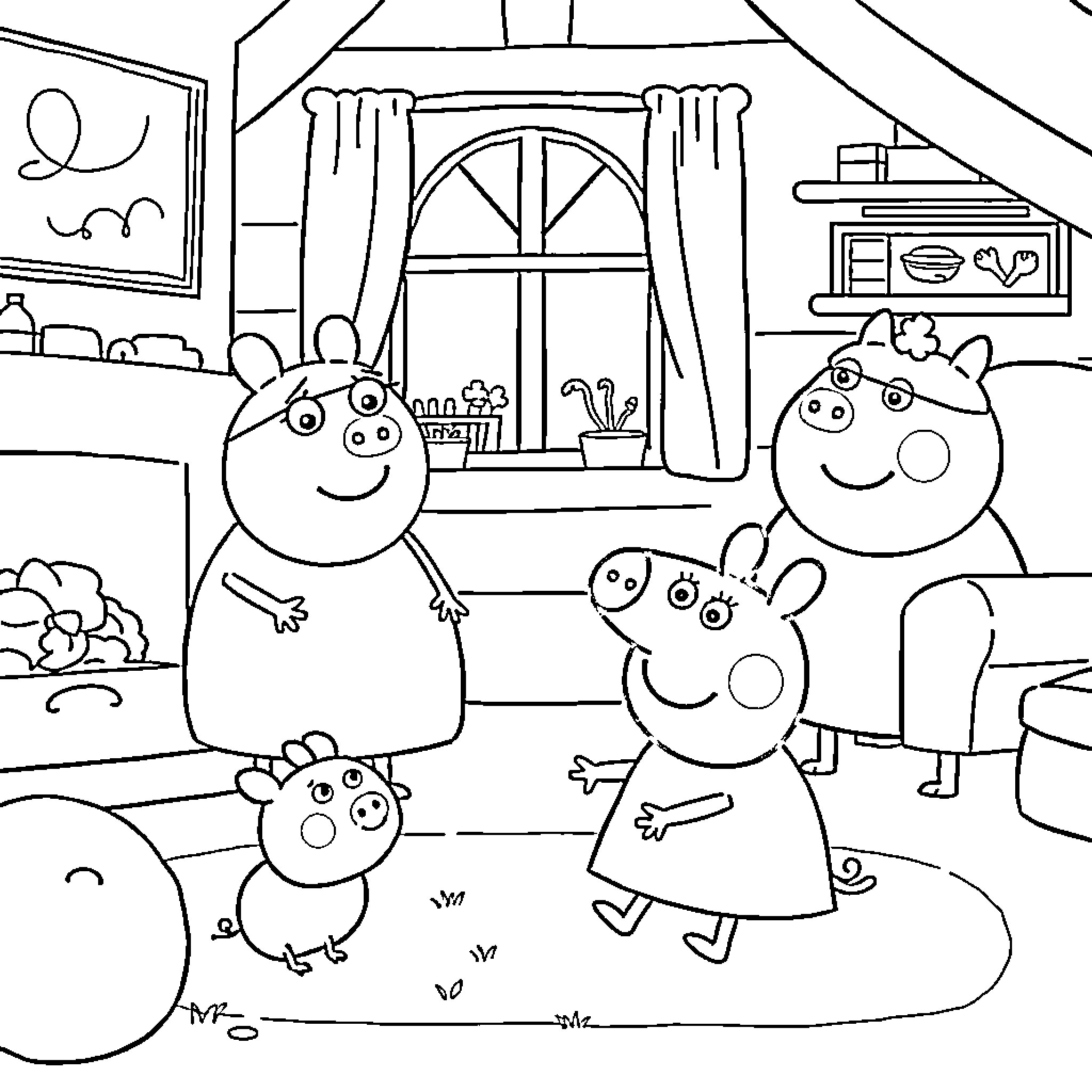 Peppa Pig and Family Enjoying a Cozy Day at Home Coloring Page (free black-and-white line drawing printable PDF for all, from beginners to advanced learners, including children, teens, adults, and seniors)