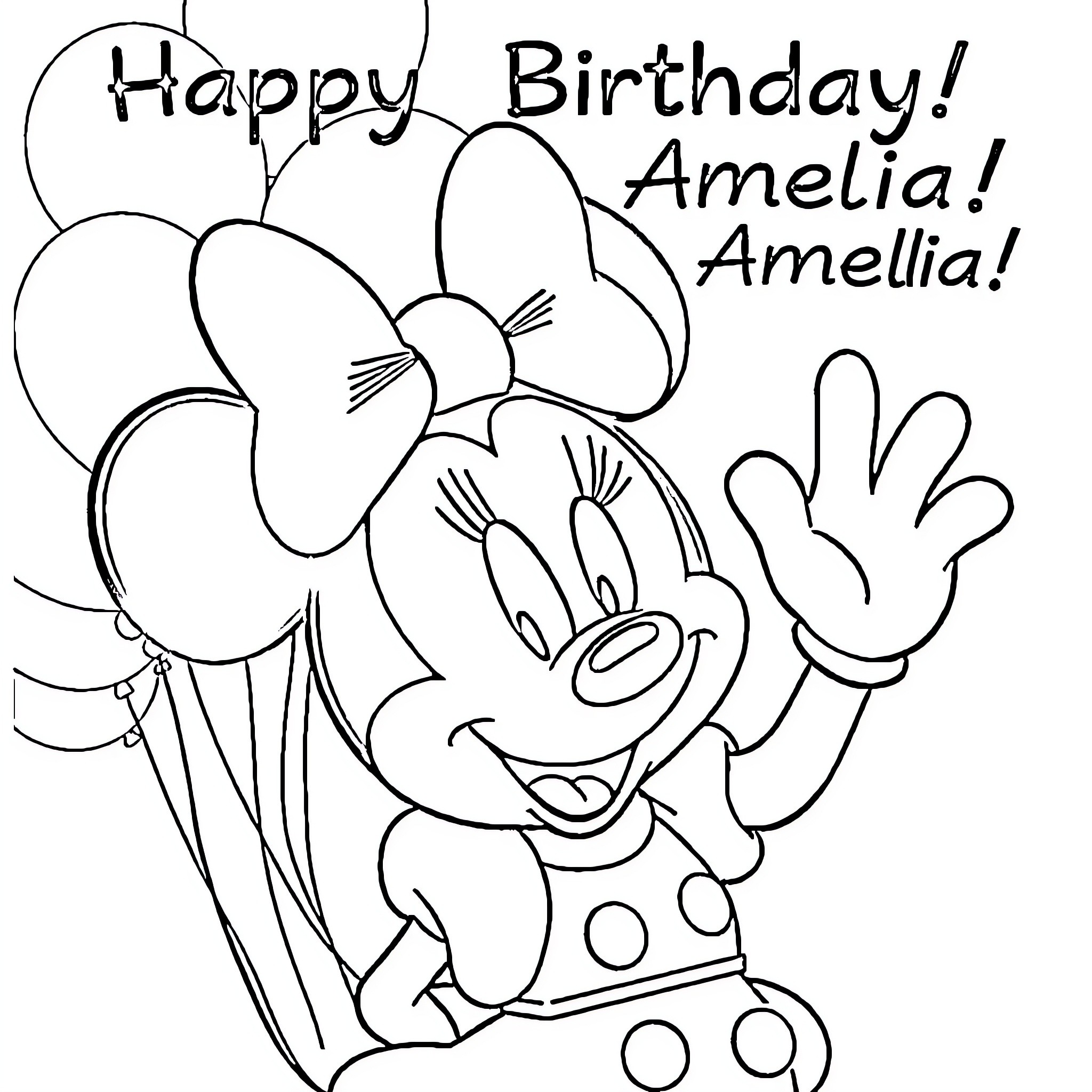 Minnie Mouse celebrating birthday with balloons Coloring Page (free black-and-white line drawing printable PDF for all, from beginners to advanced learners, including children, teens, adults, and seniors)