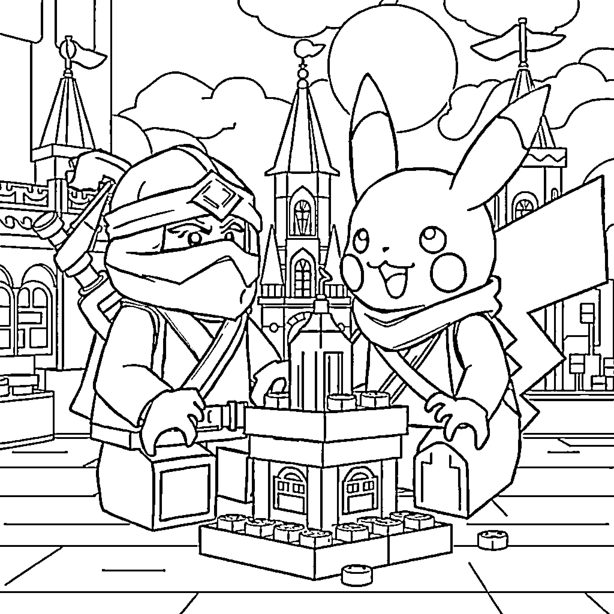 Ninjago Characters Building in a Fantastical Scene Coloring Page (free black-and-white line drawing printable PDF for all, from beginners to advanced learners, including children, teens, adults, and seniors)