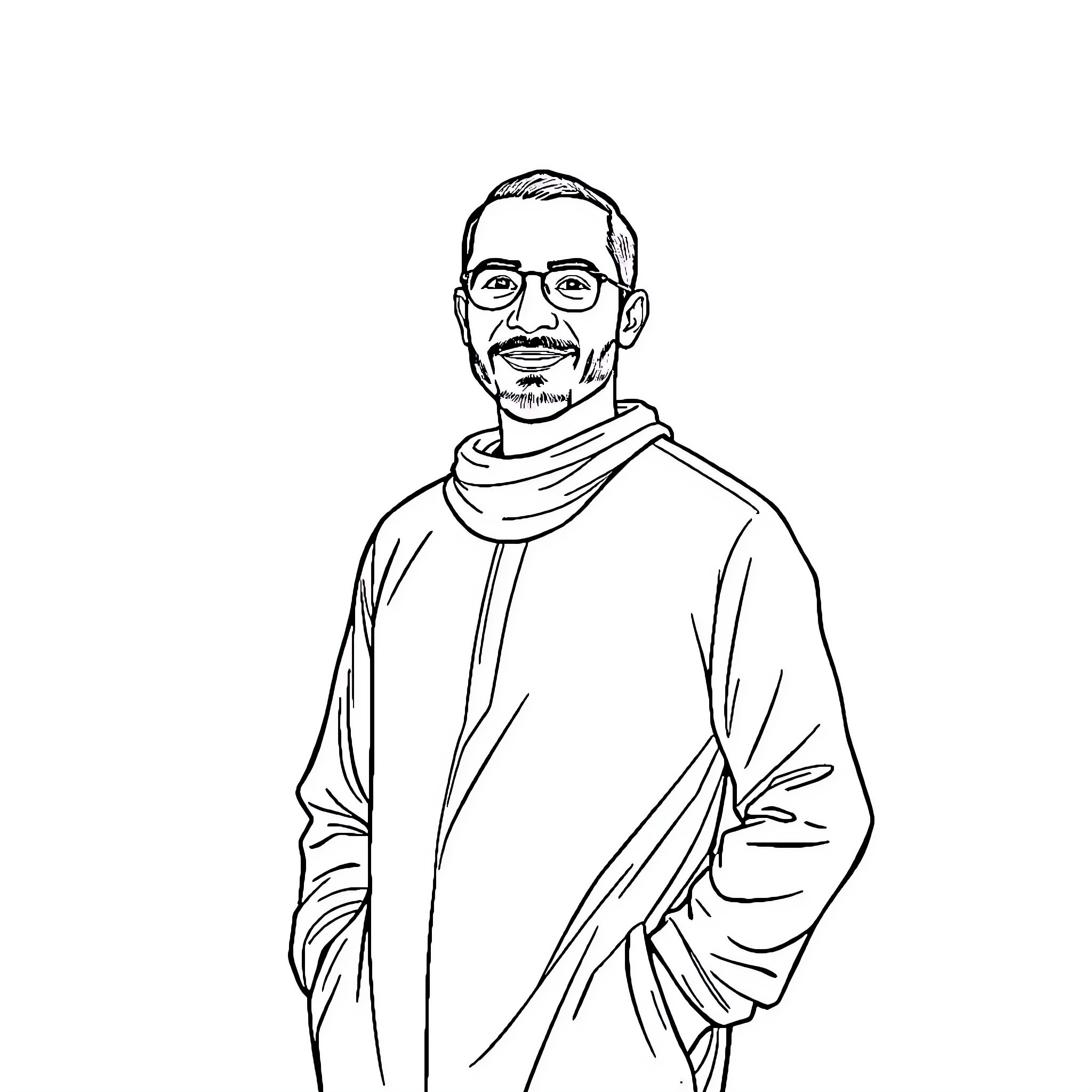 Abdourahman Yassin Kaireh standing confidently in a warm coat Coloring Page (free black-and-white line drawing printable PDF for all, from beginners to advanced learners, including children, teens, adults, and seniors)