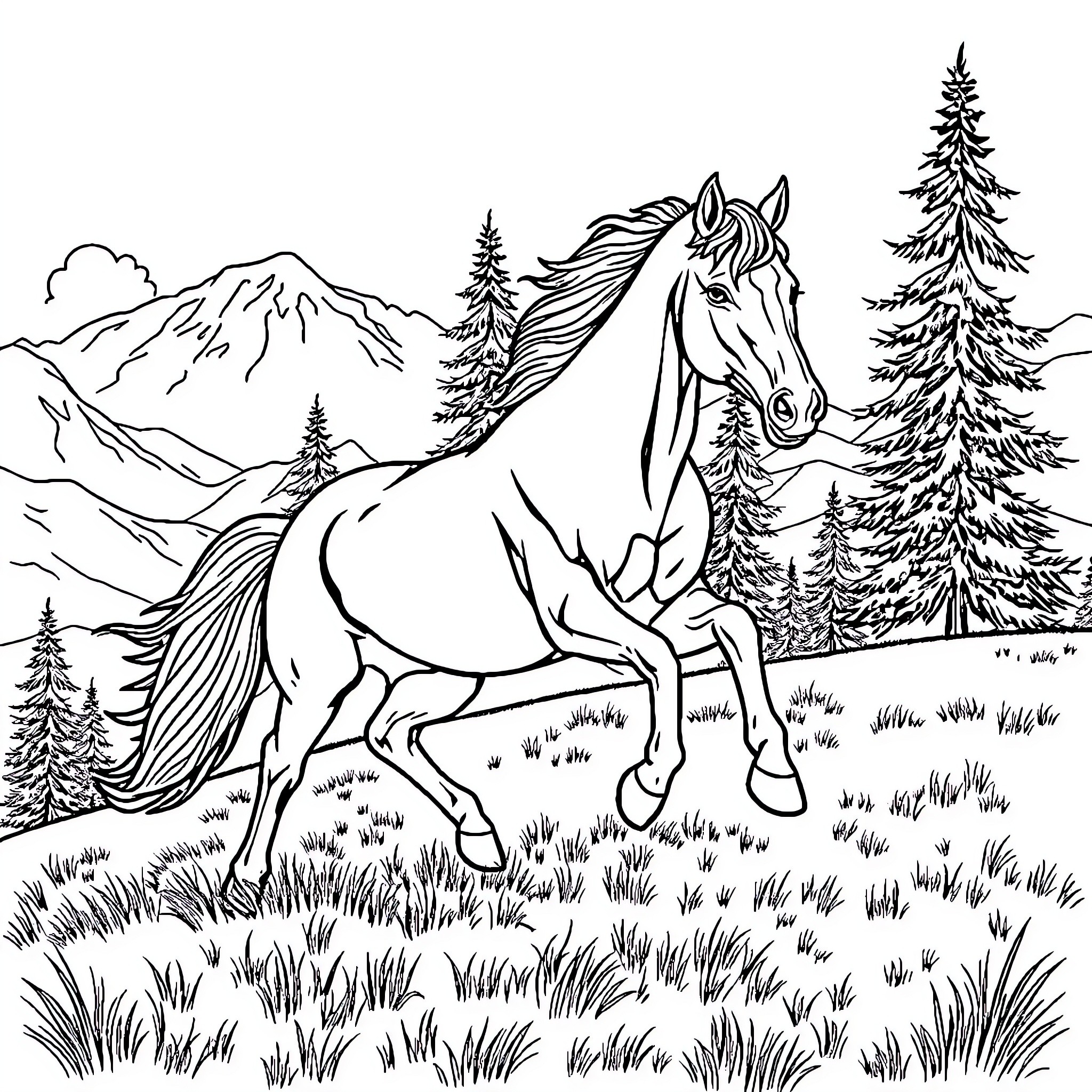 Horse galloping through majestic mountain landscape Coloring Page (free black-and-white line drawing printable PDF for all, from beginners to advanced learners, including children, teens, adults, and seniors)