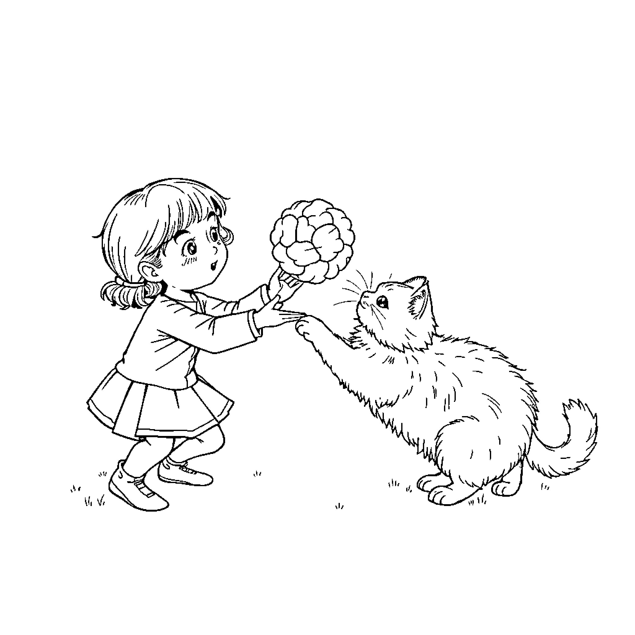 Girl offering flower to playful cat Coloring Page (free black-and-white line drawing printable PDF for all, from beginners to advanced learners, including children, teens, adults, and seniors)