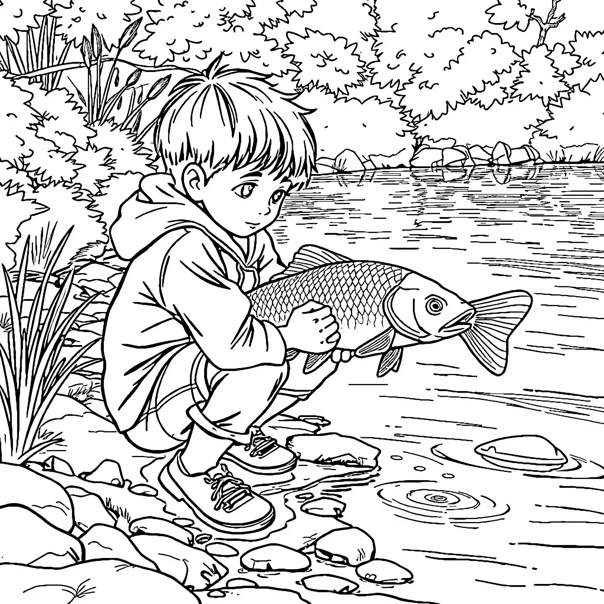 Boy fishing happily by the river Coloring Page (free black-and-white line drawing printable PDF for all, from beginners to advanced learners, including children, teens, adults, and seniors)