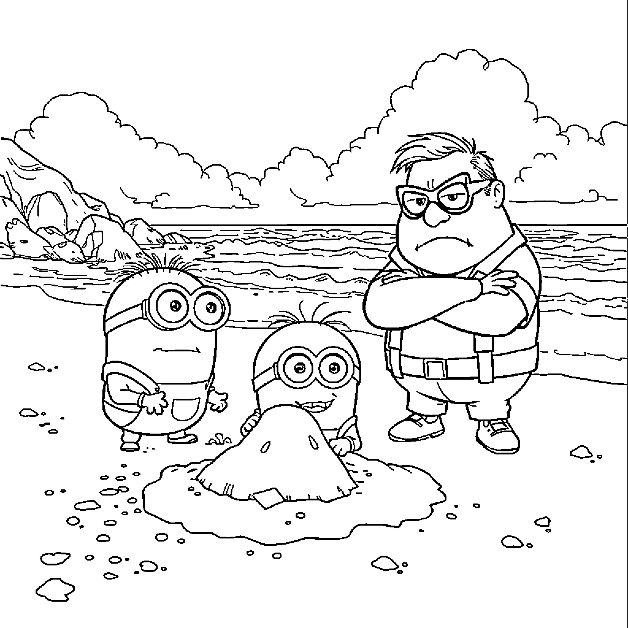 Minions building sandcastles on the beach Coloring Page (free black-and-white line drawing printable PDF for all, from beginners to advanced learners, including children, teens, adults, and seniors)