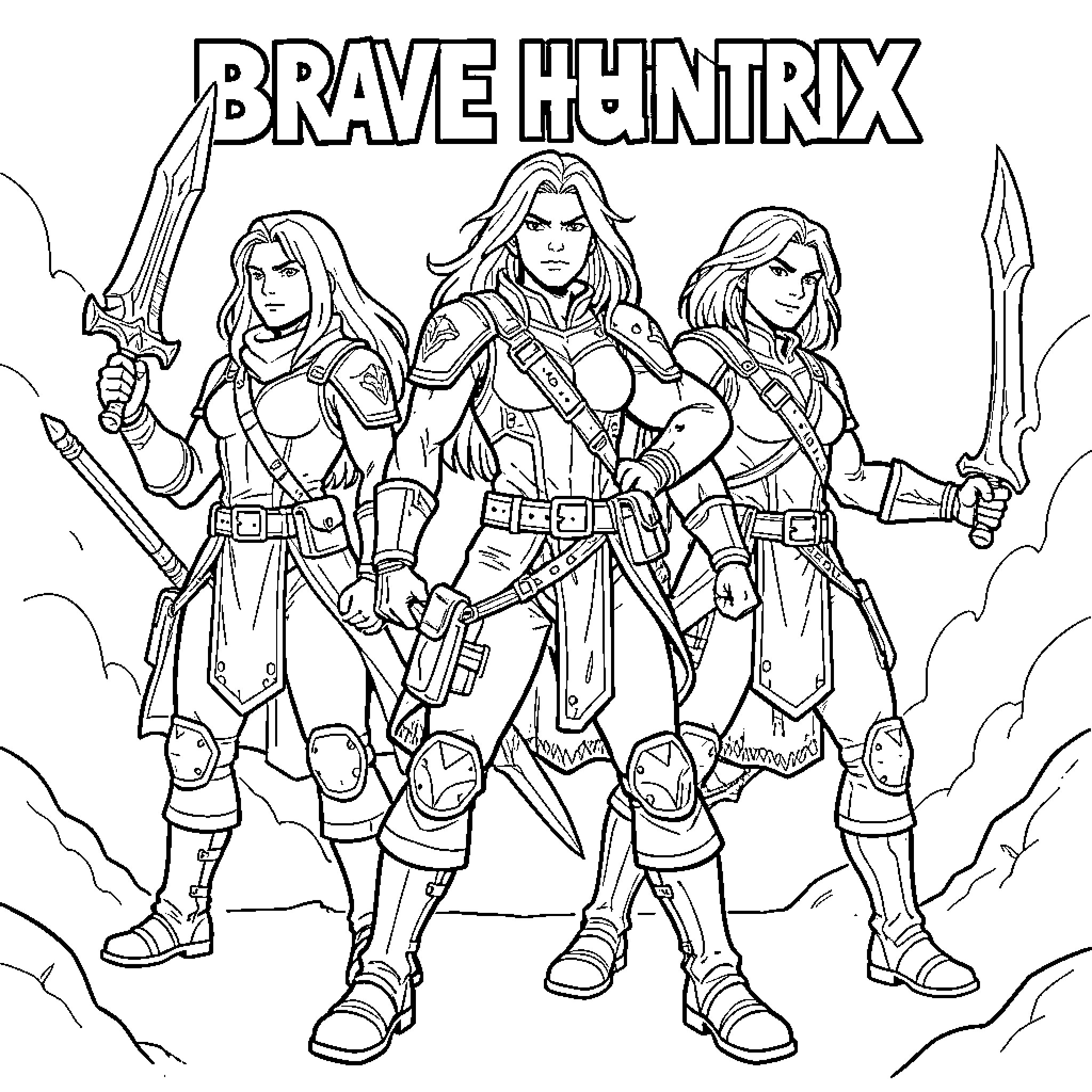 Guerrera Brave Huntrix: Warrior Women in Action Coloring Page (free black-and-white line drawing printable PDF for all, from beginners to advanced learners, including children, teens, adults, and seniors)