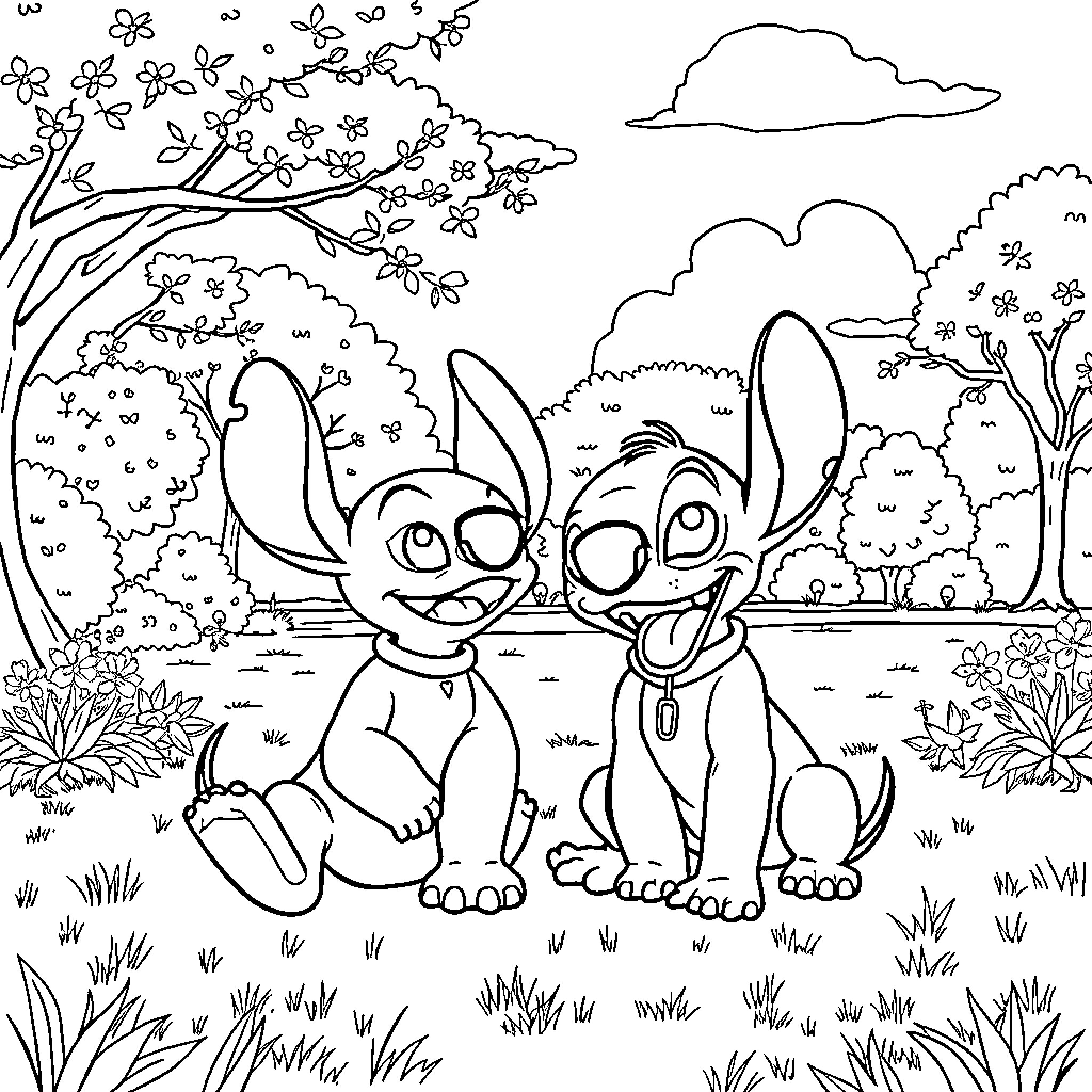 Stitch exploring the serene forest scenery Coloring Page (free black-and-white line drawing printable PDF for all, from beginners to advanced learners, including children, teens, adults, and seniors)