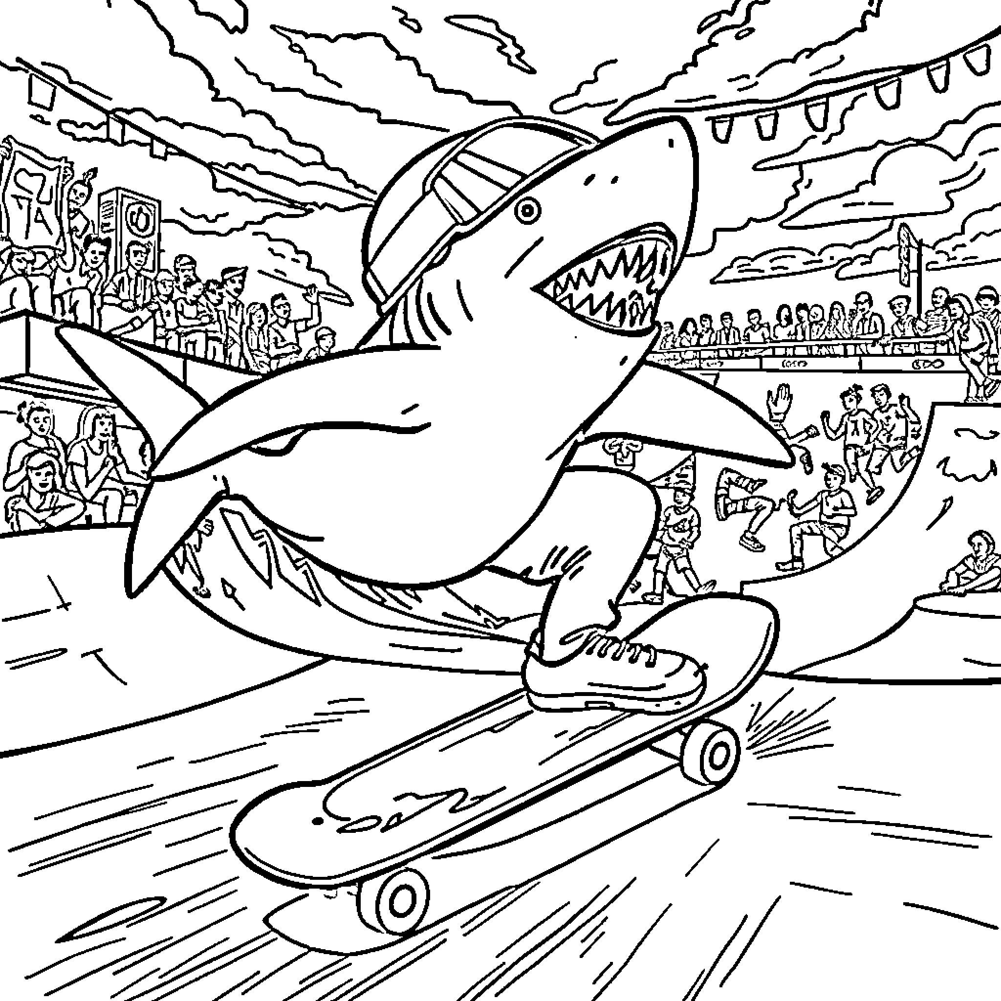 Shark skateboarding through the city streets Coloring Page (free black-and-white line drawing printable PDF for all, from beginners to advanced learners, including children, teens, adults, and seniors)