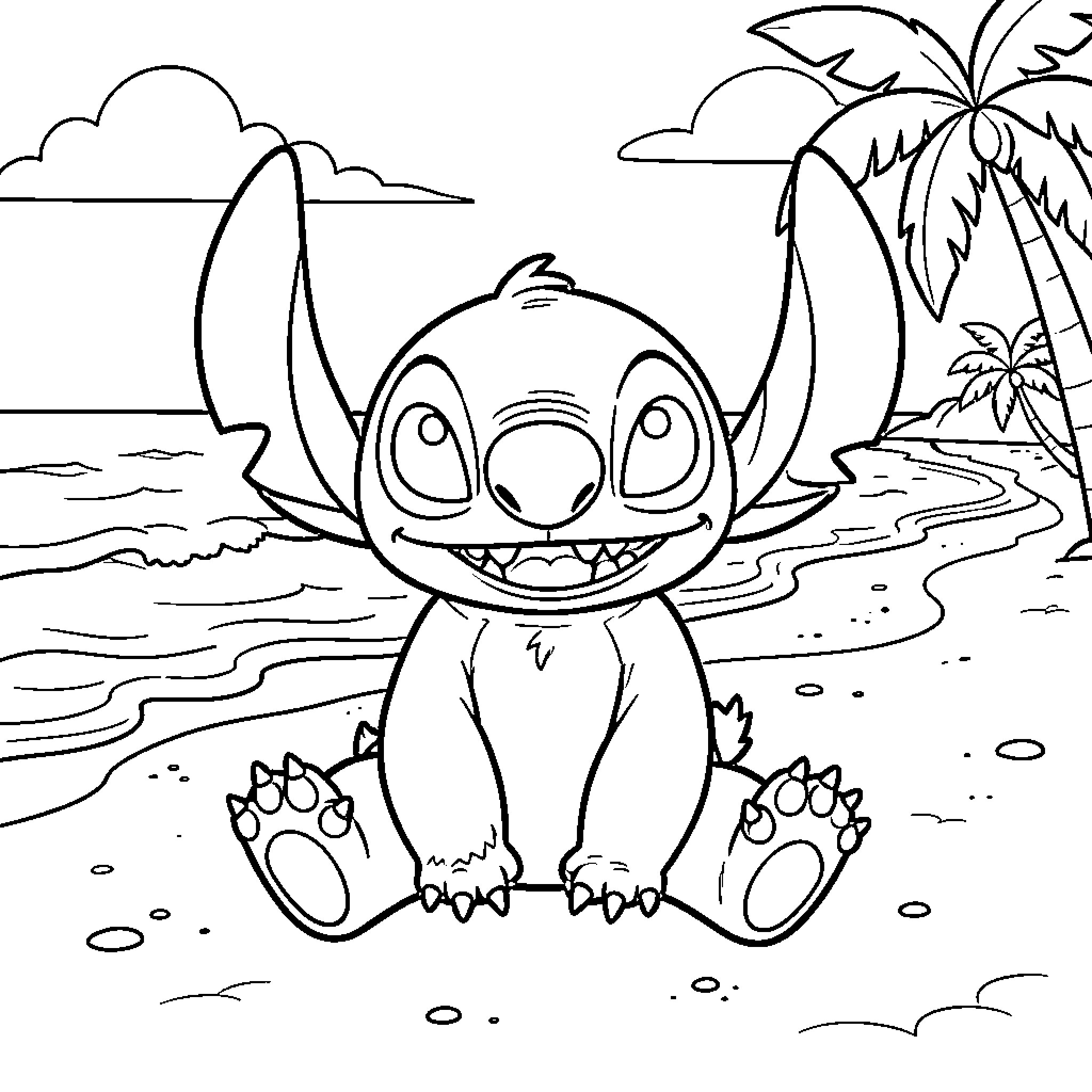 Stitch enjoying a tropical beach scene Coloring Page (free black-and-white line drawing printable PDF for all, from beginners to advanced learners, including children, teens, adults, and seniors)