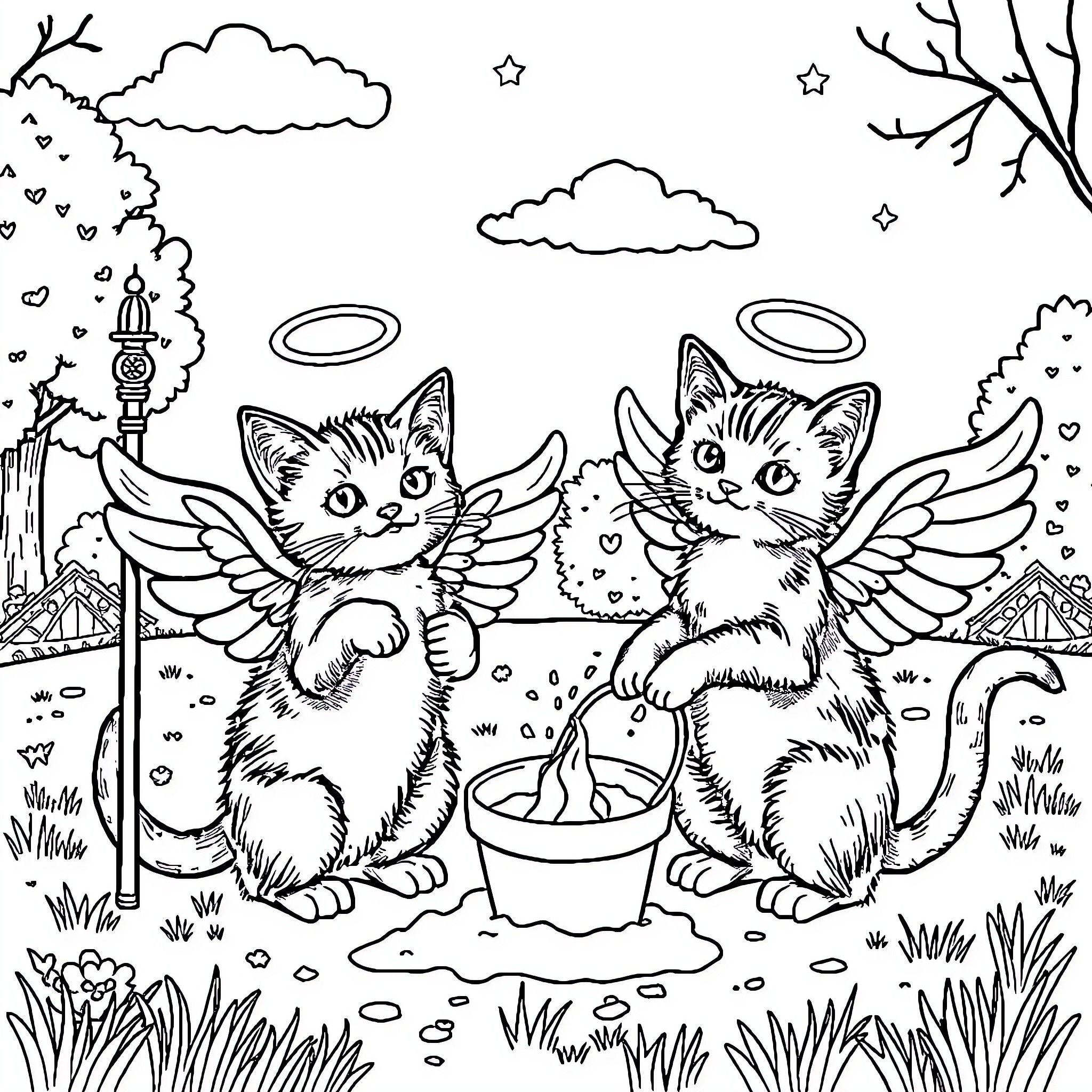 Winged Cats Playing Joyfully in a Whimsical Landscape Coloring Page (free black-and-white line drawing printable PDF for all, from beginners to advanced learners, including children, teens, adults, and seniors)