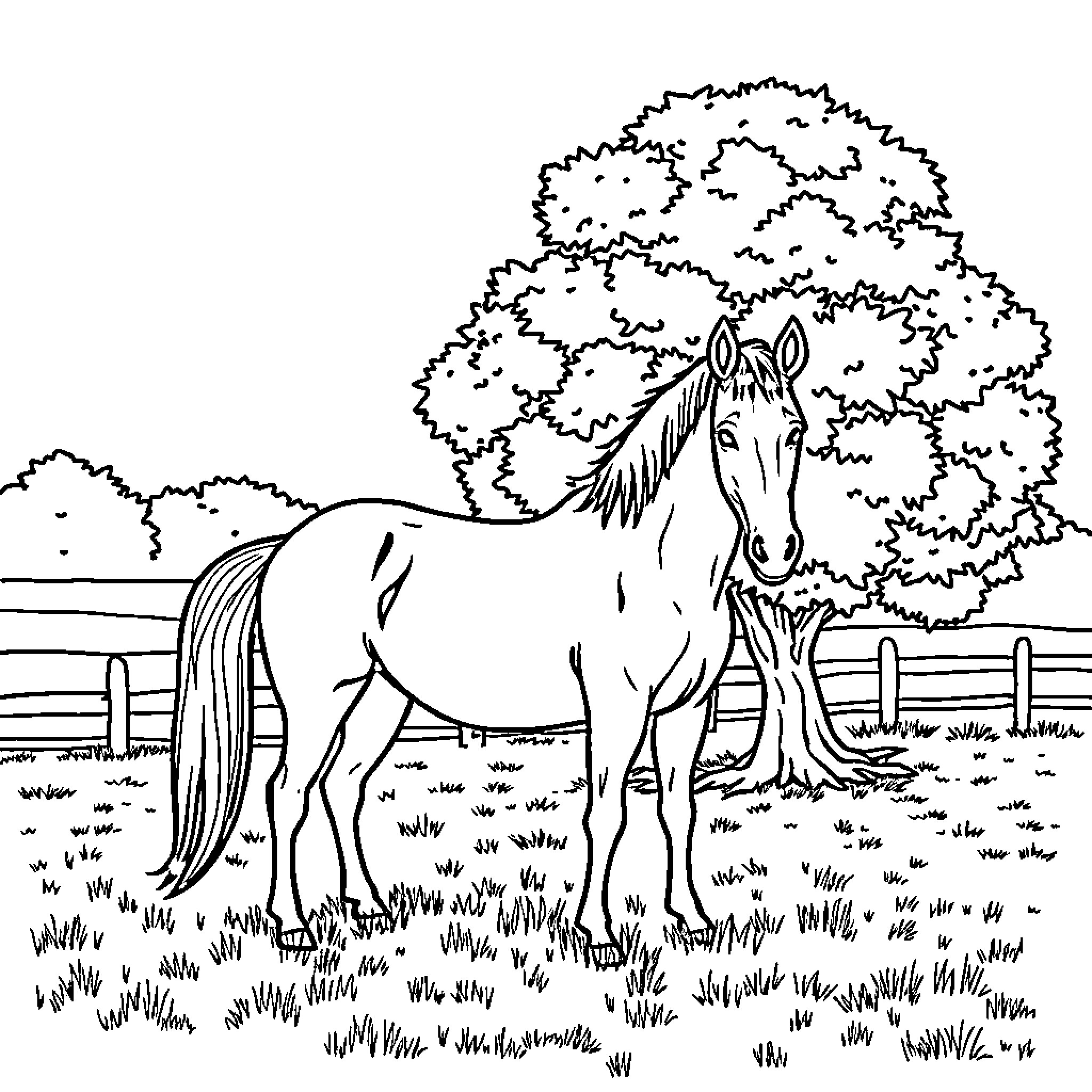 Horse standing peacefully in a pastoral landscape Coloring Page (free black-and-white line drawing printable PDF for all, from beginners to advanced learners, including children, teens, adults, and seniors)