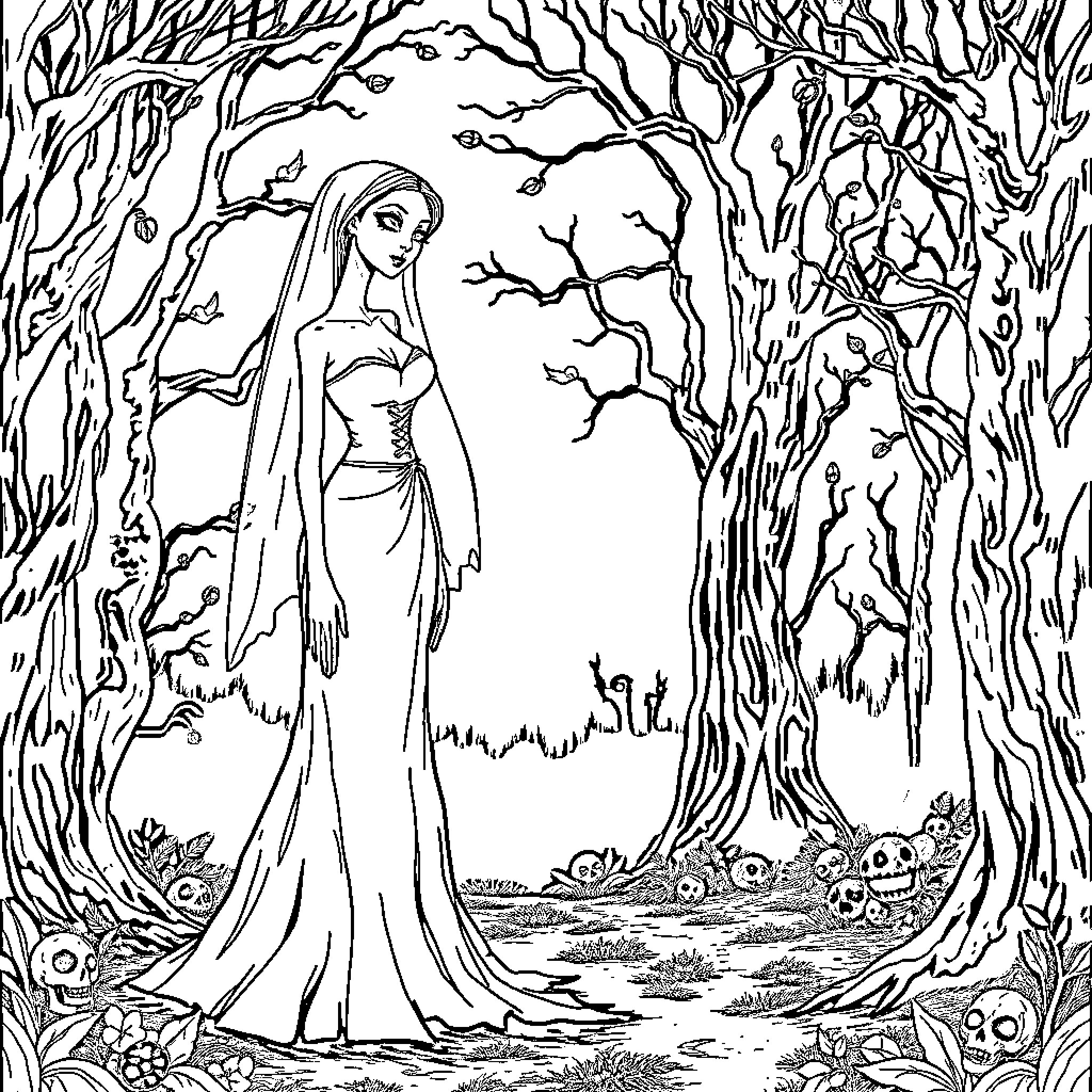 Corpse Bride in a Haunting Forest Landscape Coloring Page (free black-and-white line drawing printable PDF for all, from beginners to advanced learners, including children, teens, adults, and seniors)