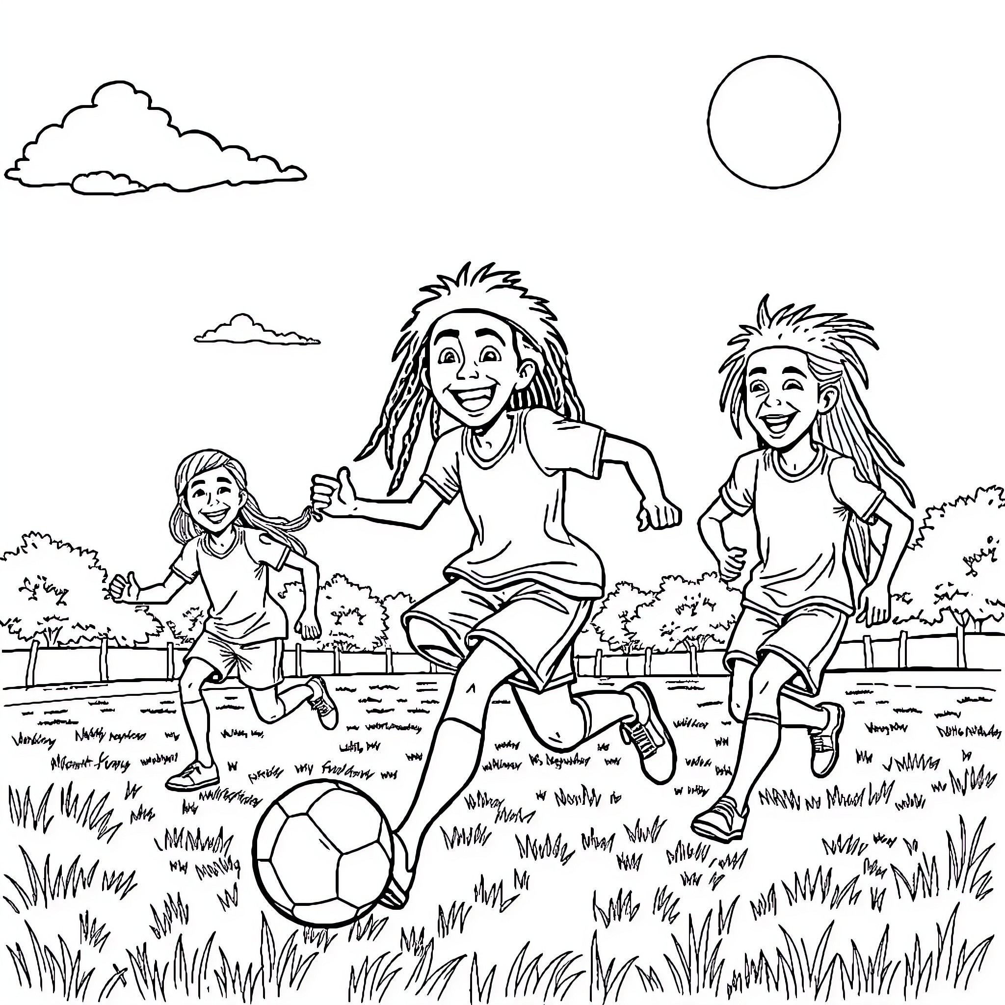 Bob Marley playing soccer with friends in the park Coloring Page (free black-and-white line drawing printable PDF for all, from beginners to advanced learners, including children, teens, adults, and seniors)