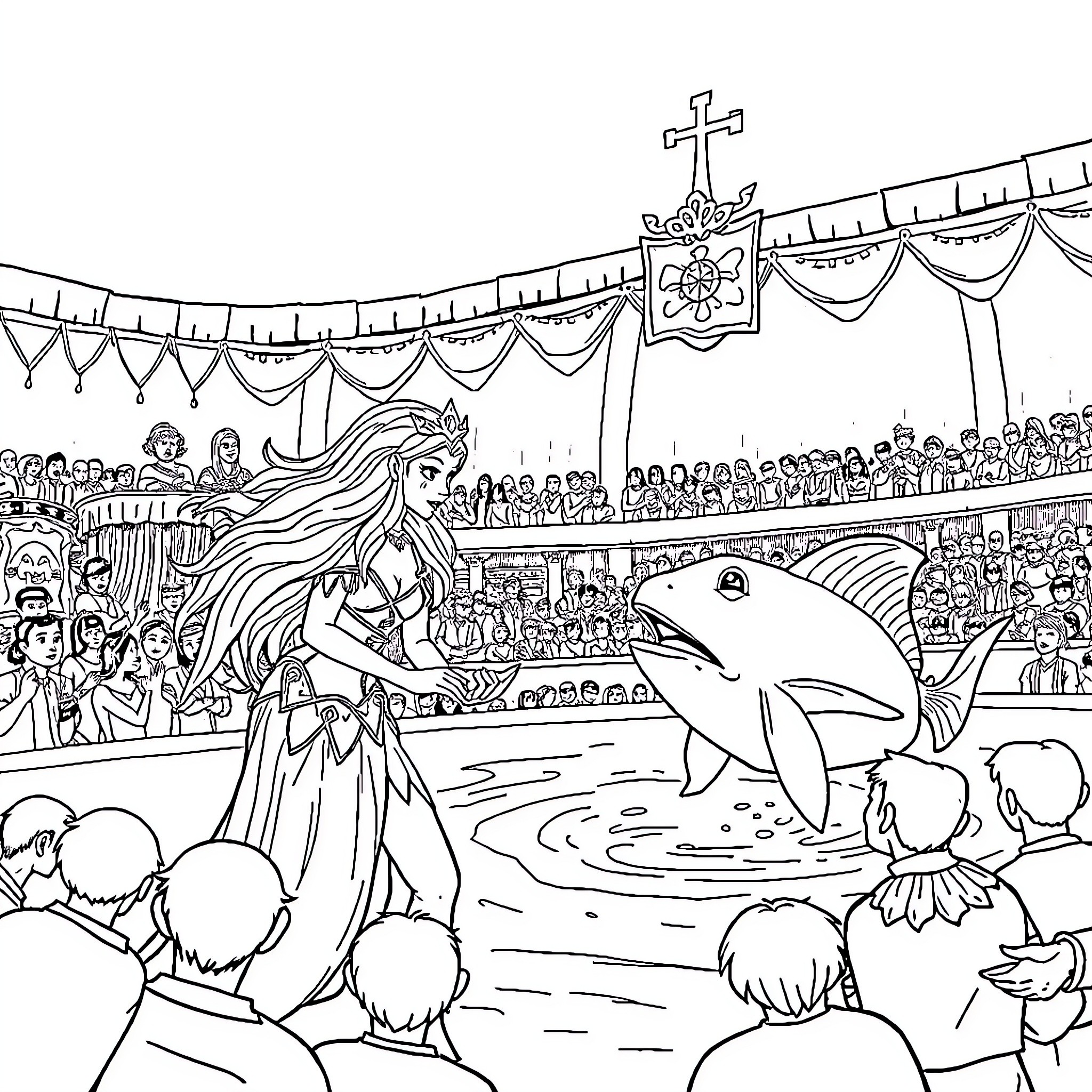 Mermaid Performing Captivating Underwater Spectacle Coloring Page (free black-and-white line drawing printable PDF for all, from beginners to advanced learners, including children, teens, adults, and seniors)