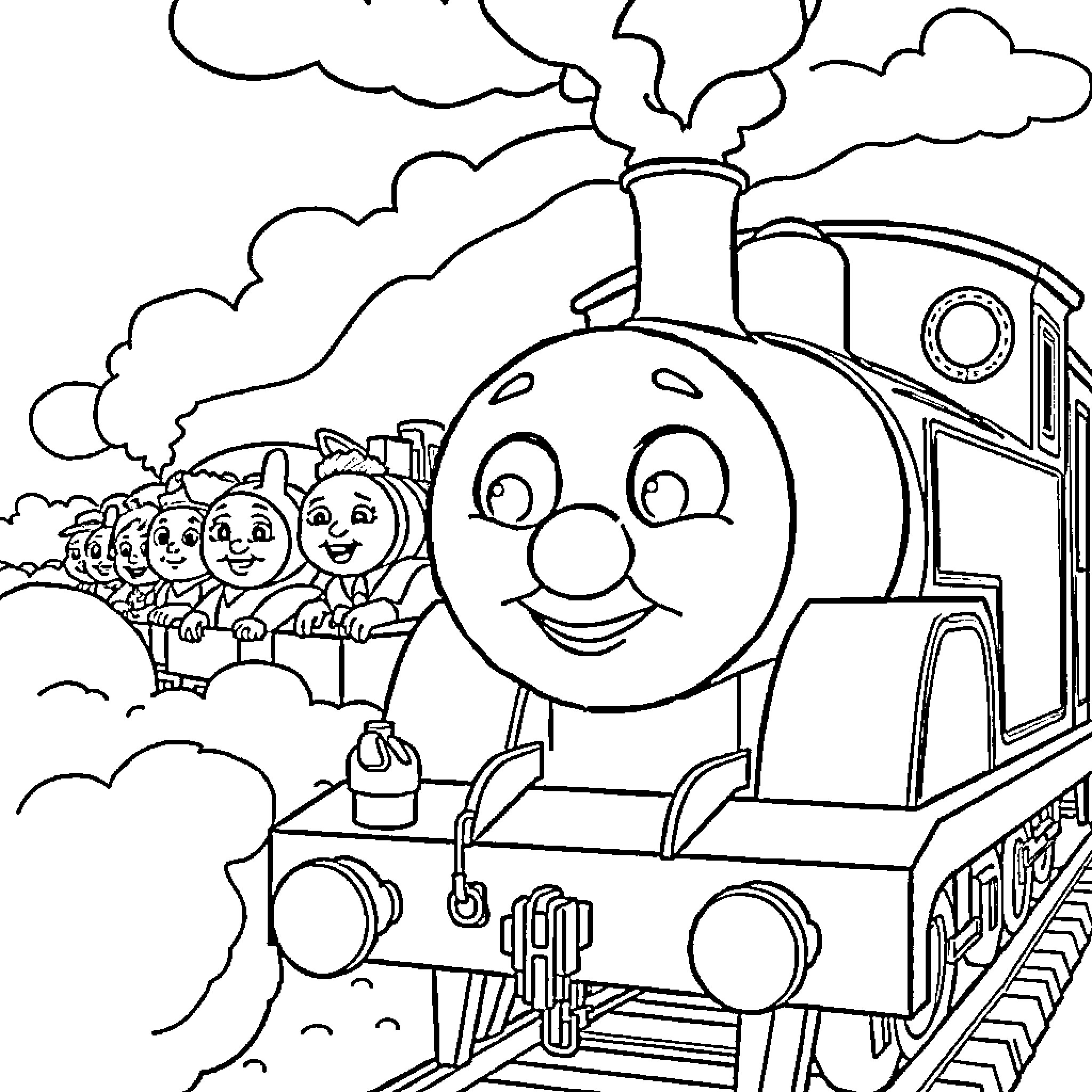 Thomas the Tank Engine on the Tracks Coloring Page (free black-and-white line drawing printable PDF for all, from beginners to advanced learners, including children, teens, adults, and seniors)