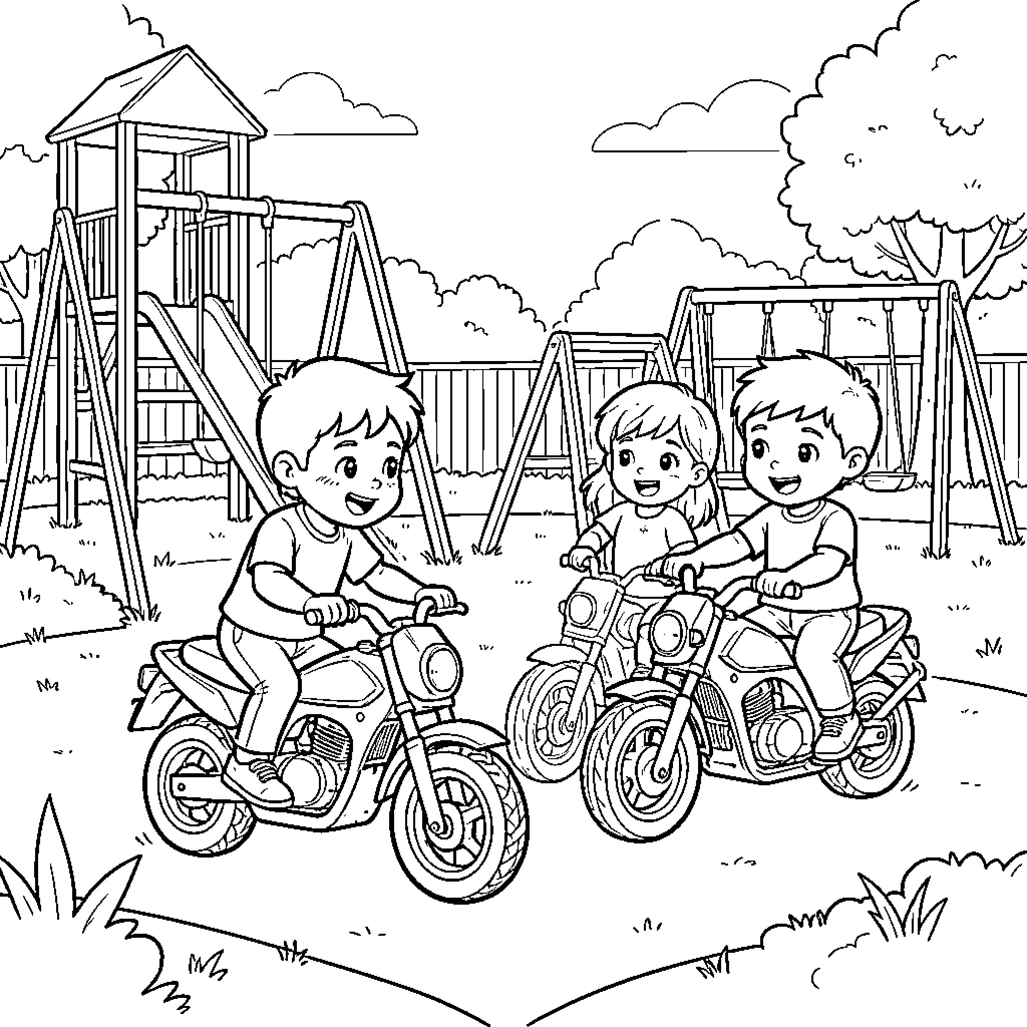 Child riding motorcycles happily at a playground Coloring Page (free black-and-white line drawing printable PDF for all, from beginners to advanced learners, including children, teens, adults, and seniors)