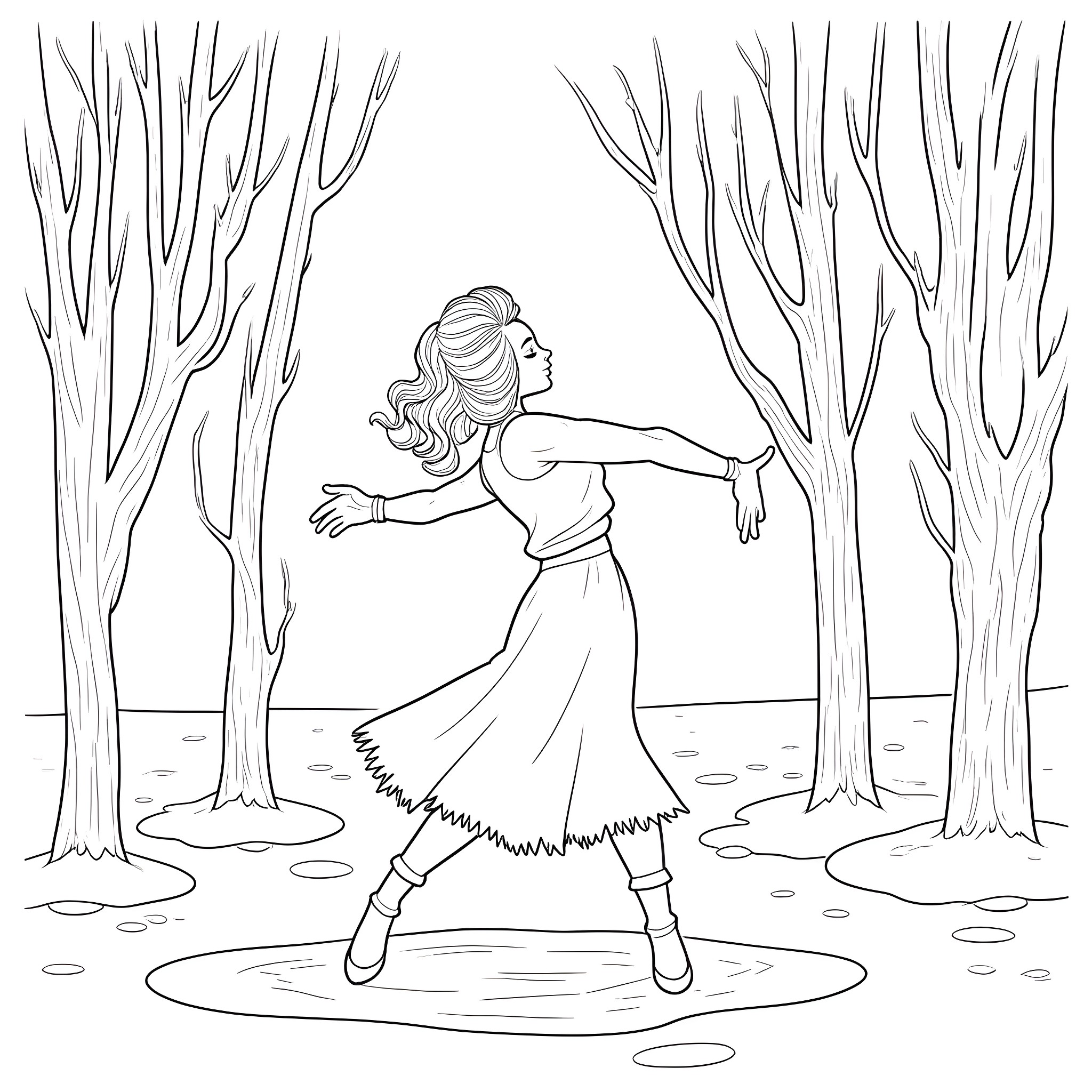 Dance of Solitude in the Forest Coloring Page (free black-and-white line drawing printable PDF for all, from beginners to advanced learners, including children, teens, adults, and seniors)