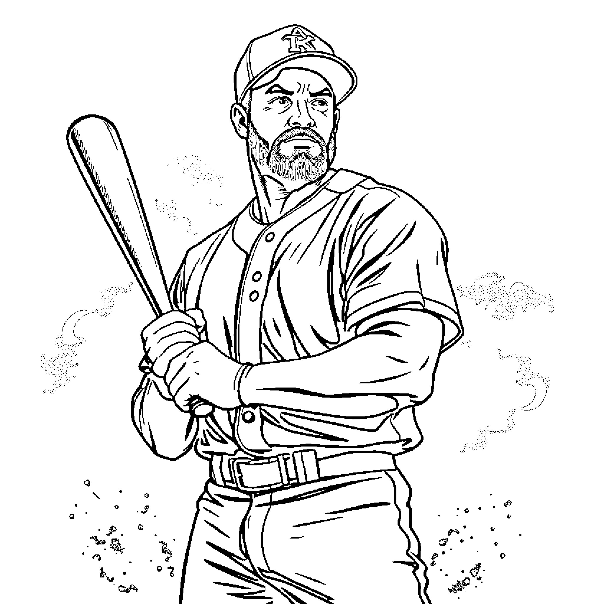 Baseball Player in Uniform Holding Bat Coloring Page (free black-and-white line drawing printable PDF for all, from beginners to advanced learners, including children, teens, adults, and seniors)