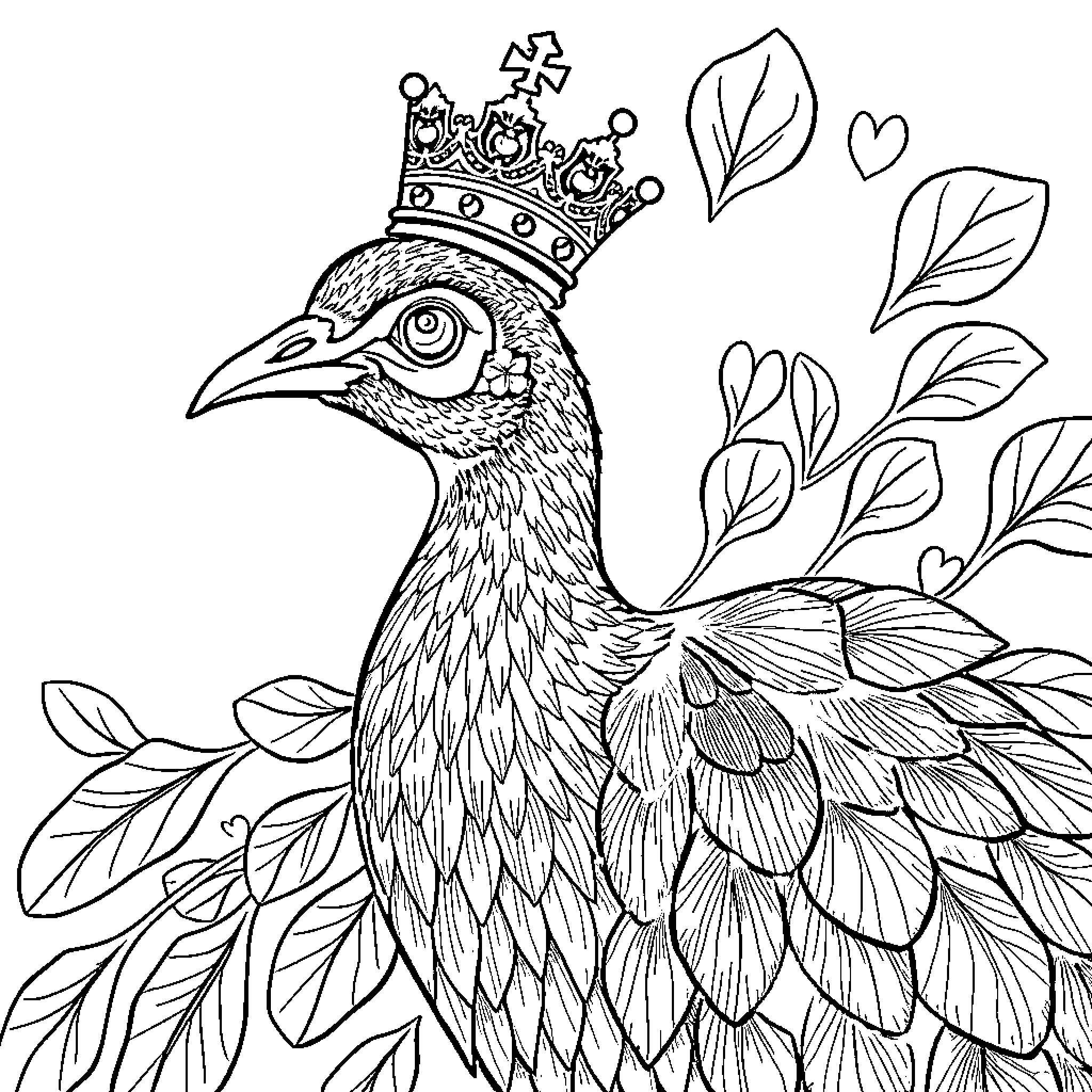 Peacock with ornate crown surrounded by lush foliage Coloring Page (free black-and-white line drawing printable PDF for all, from beginners to advanced learners, including children, teens, adults, and seniors)