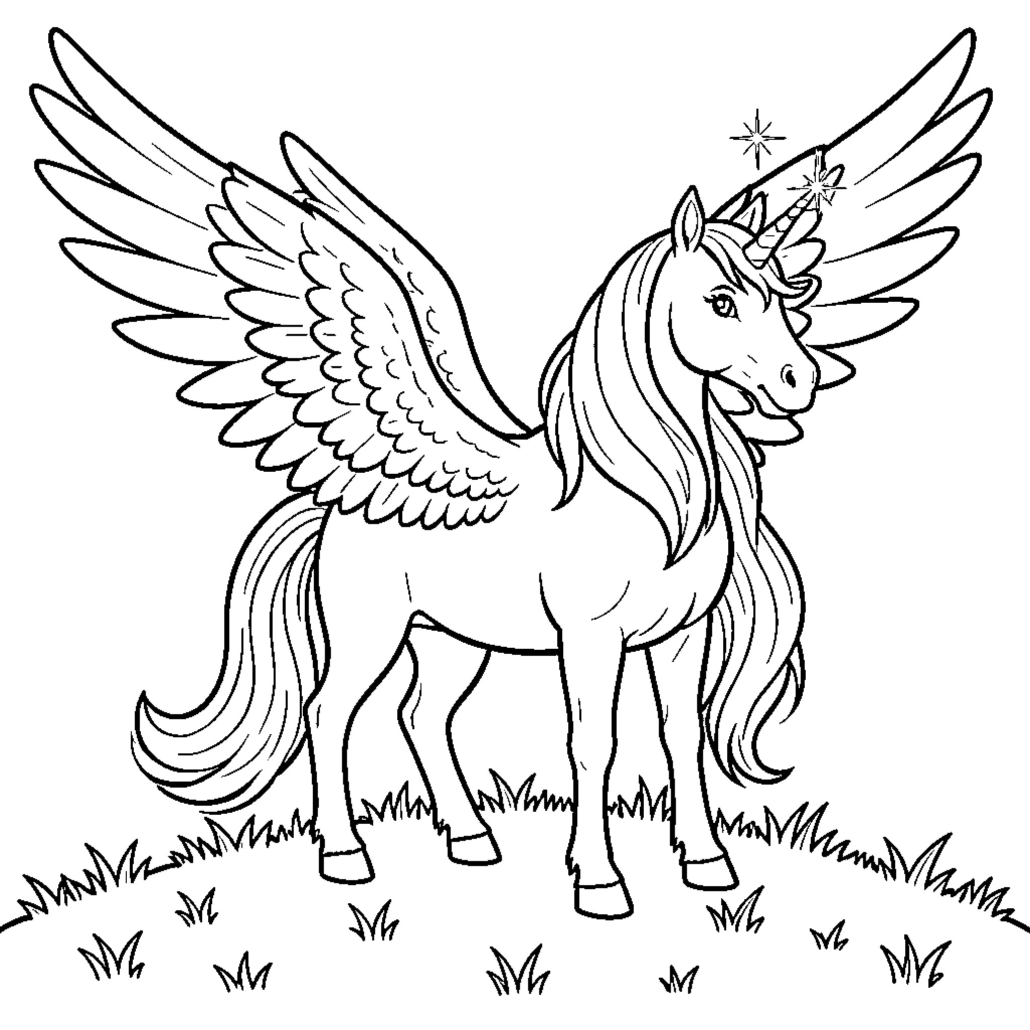 Pegasus standing proudly on a grassy field Coloring Page (free black-and-white line drawing printable PDF for all, from beginners to advanced learners, including children, teens, adults, and seniors)