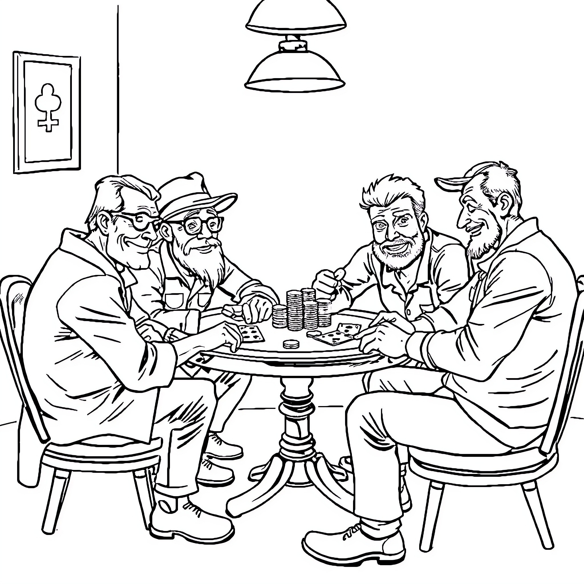 Bluey's friends playing poker at the table Coloring Page (free black-and-white line drawing printable PDF for all, from beginners to advanced learners, including children, teens, adults, and seniors)