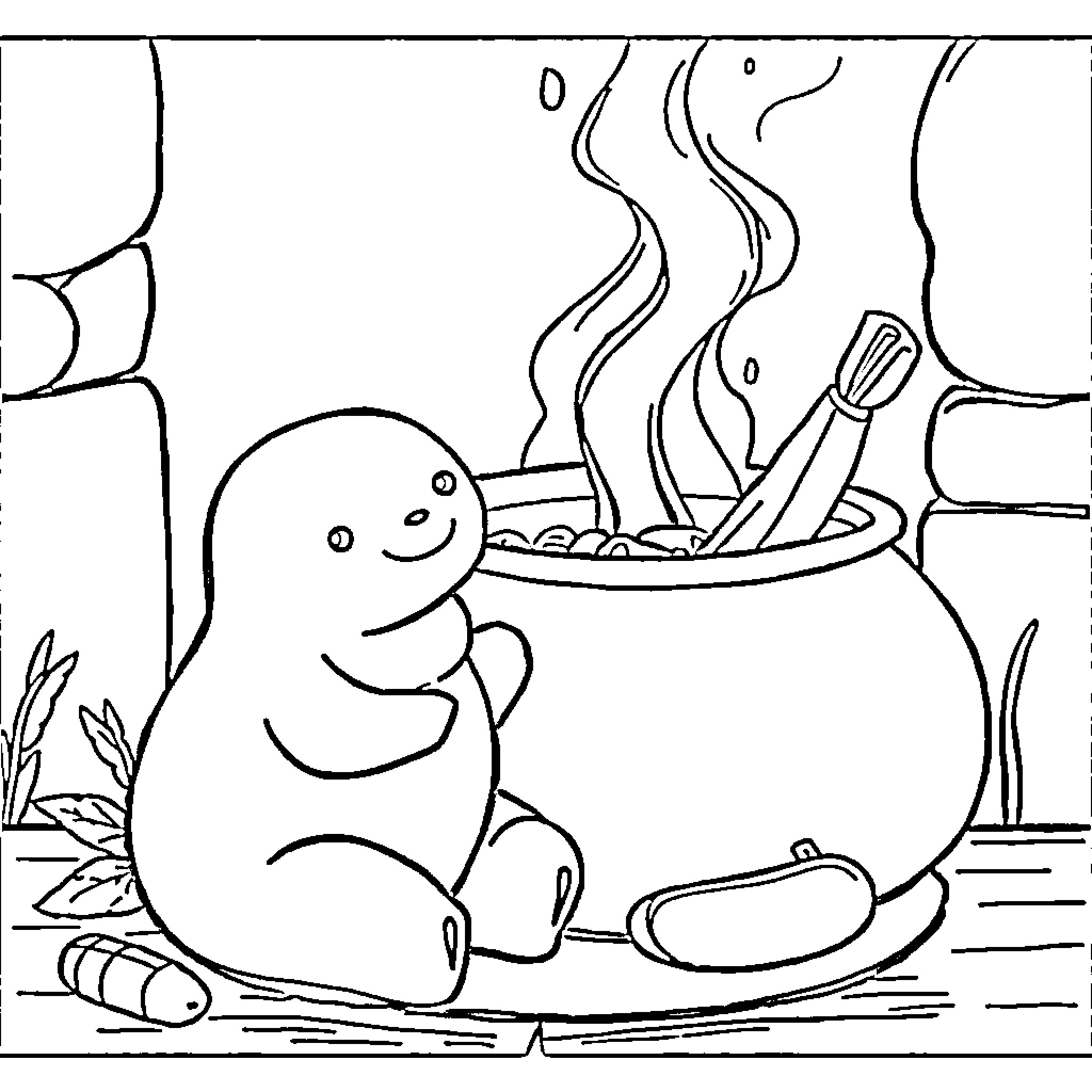 Foca enjoying a cozy meal by the fire Coloring Page (free black-and-white line drawing printable PDF for all, from beginners to advanced learners, including children, teens, adults, and seniors)