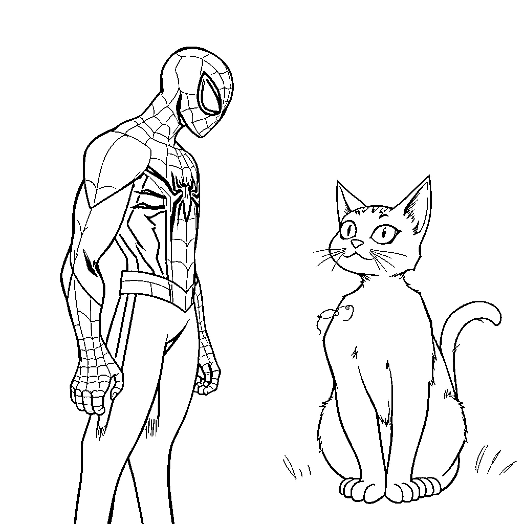 Spiderman encounters a curious cat Coloring Page (free black-and-white line drawing printable PDF for all, from beginners to advanced learners, including children, teens, adults, and seniors)