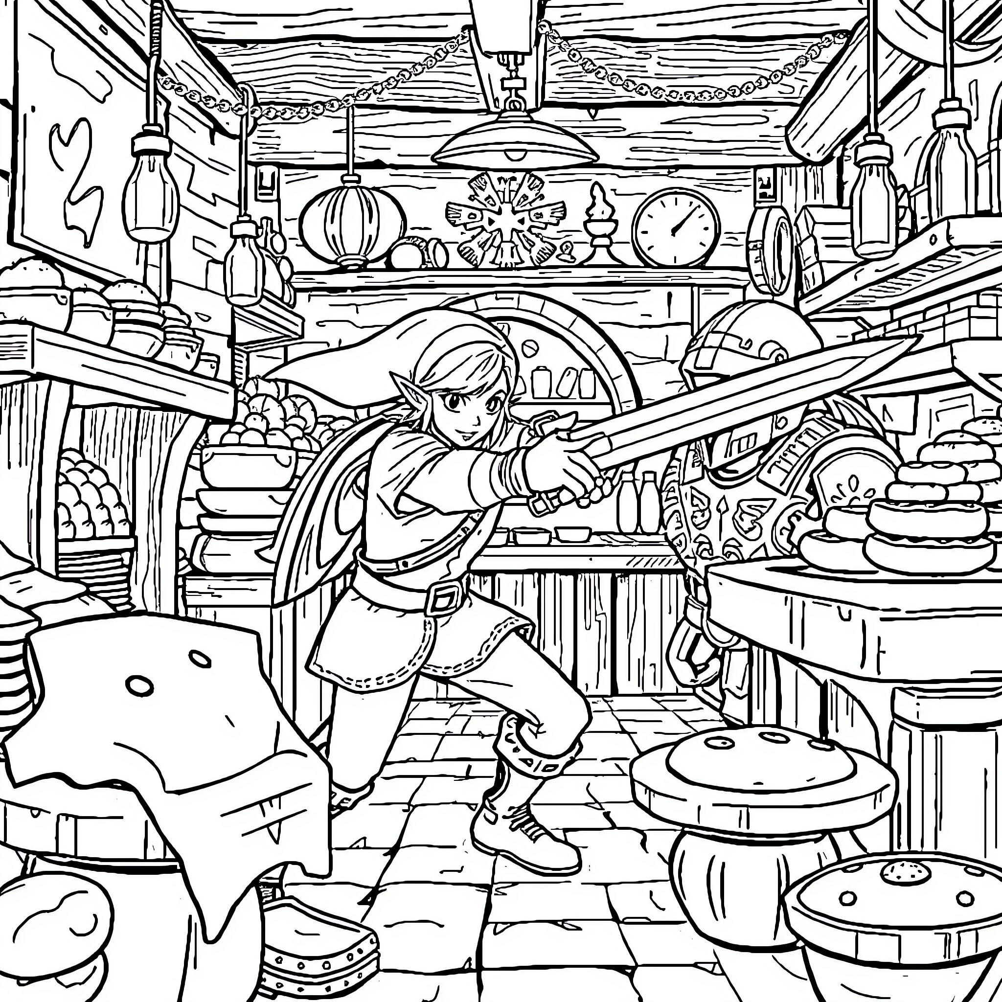Link exploring the mysterious antique shop Coloring Page (free black-and-white line drawing printable PDF for all, from beginners to advanced learners, including children, teens, adults, and seniors)