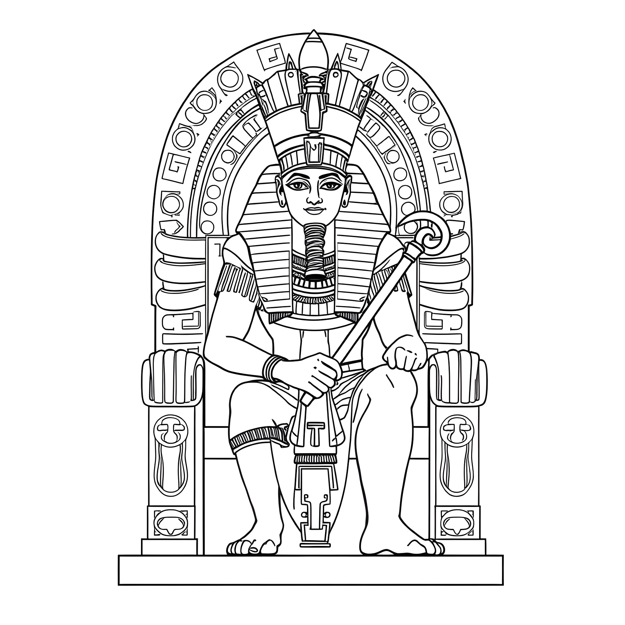 Pharaoh sitting on a throne with ancient Egyptian ornaments Coloring Page (free black-and-white line drawing printable PDF for all, from beginners to advanced learners, including children, teens, adults, and seniors)
