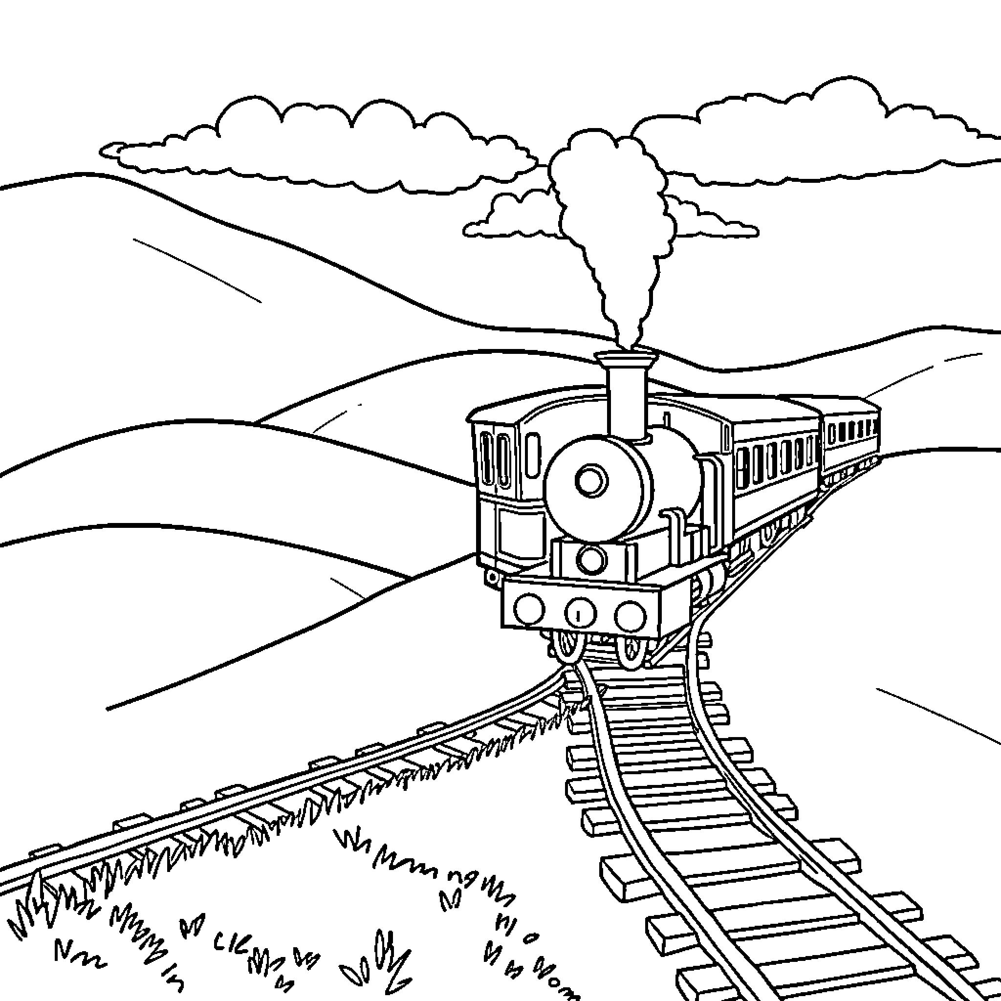 Train Travelling Through Scenic Countryside Coloring Page (free black-and-white line drawing printable PDF for all, from beginners to advanced learners, including children, teens, adults, and seniors)
