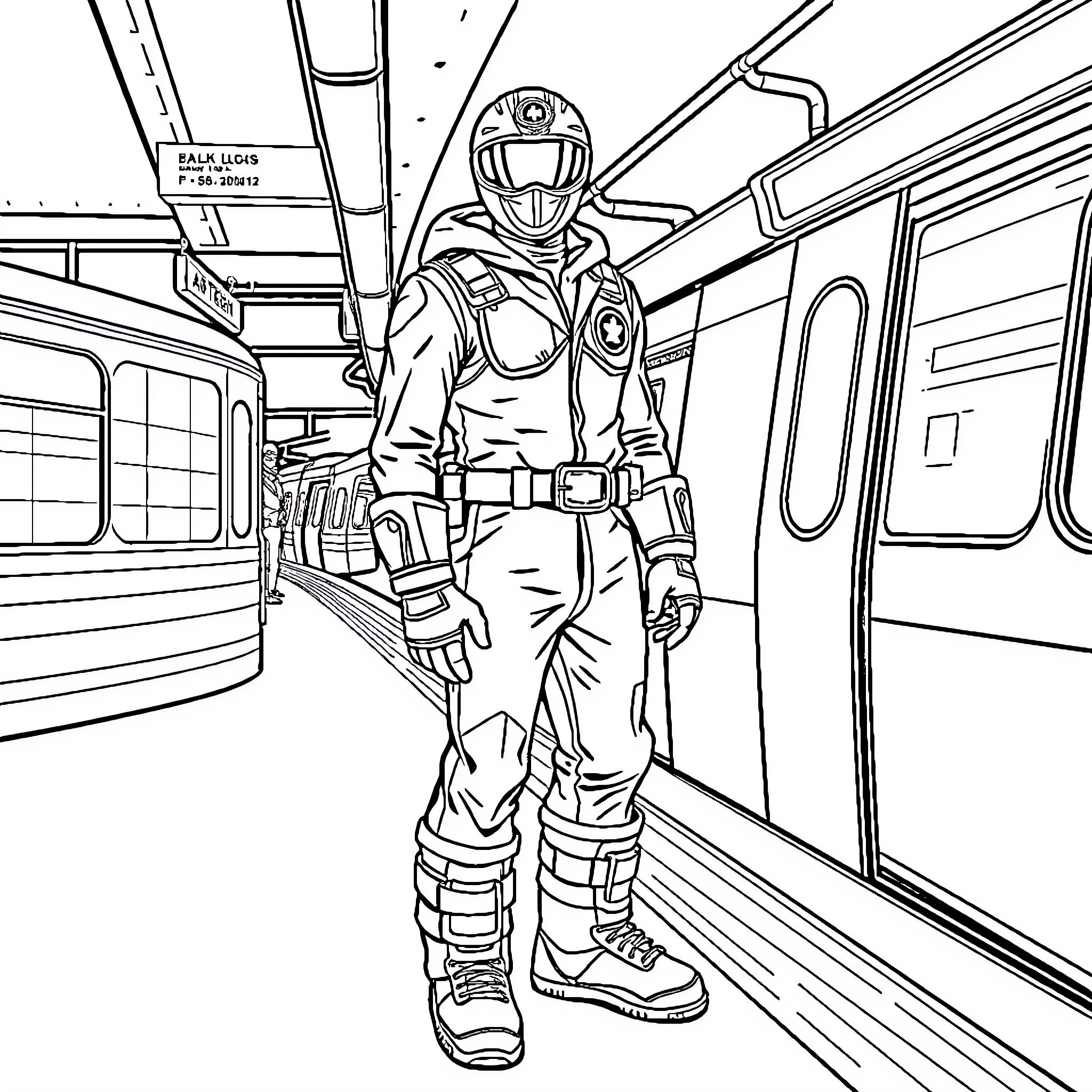 Power Ranger standing in futuristic vehicle Coloring Page (free black-and-white line drawing printable PDF for all, from beginners to advanced learners, including children, teens, adults, and seniors)