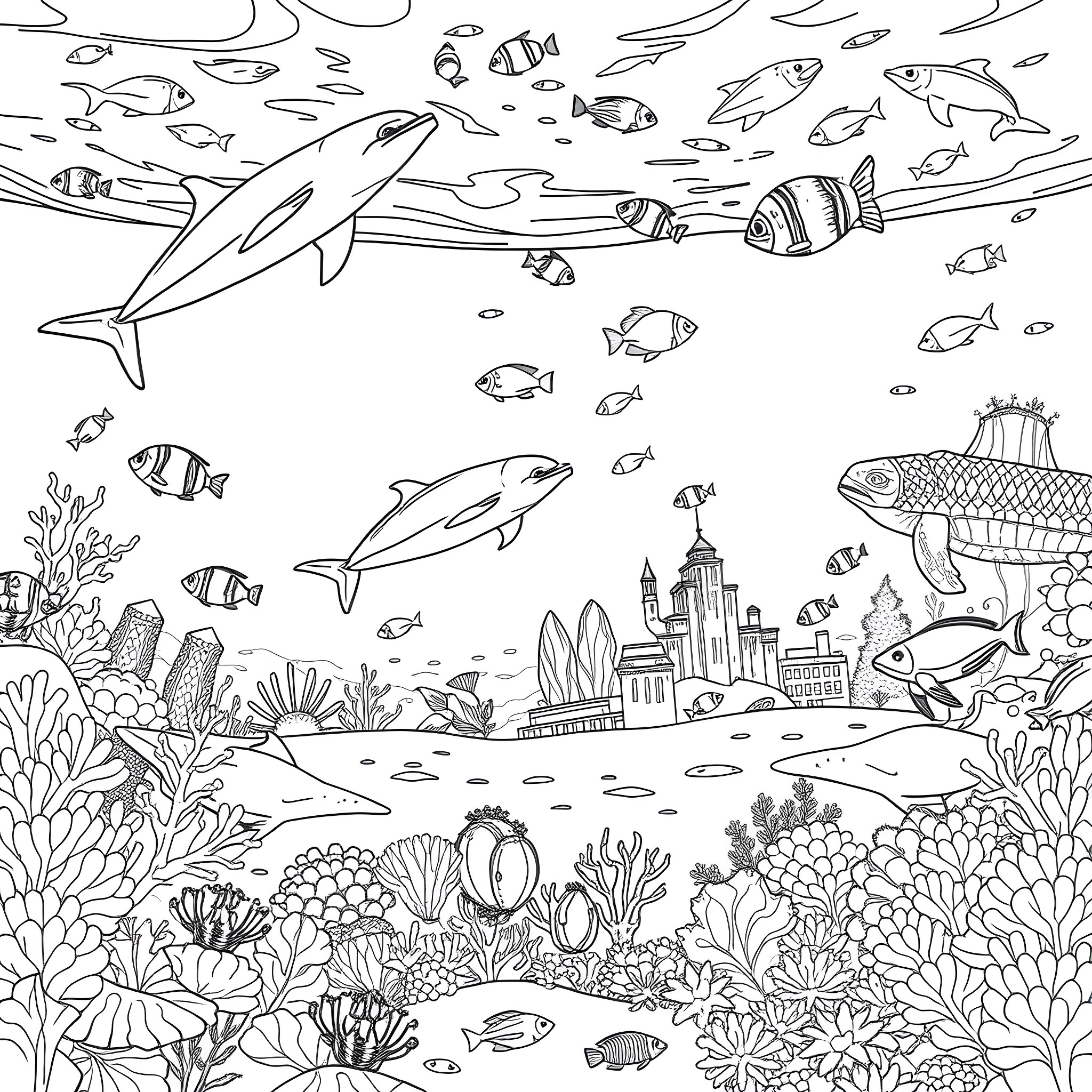 Ocean Animal Scene with Diverse Marine Life Coloring Page (free black-and-white line drawing printable PDF for all, from beginners to advanced learners, including children, teens, adults, and seniors)