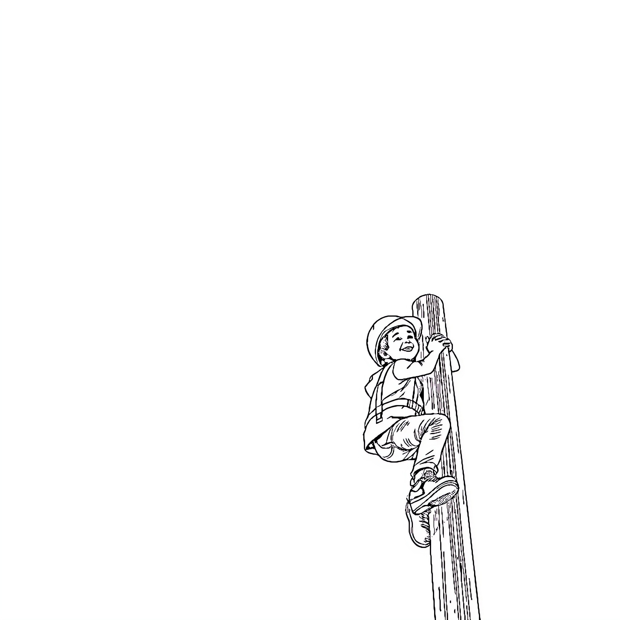 Boy climbing up a tall ladder Coloring Page (free black-and-white line drawing printable PDF for all, from beginners to advanced learners, including children, teens, adults, and seniors)