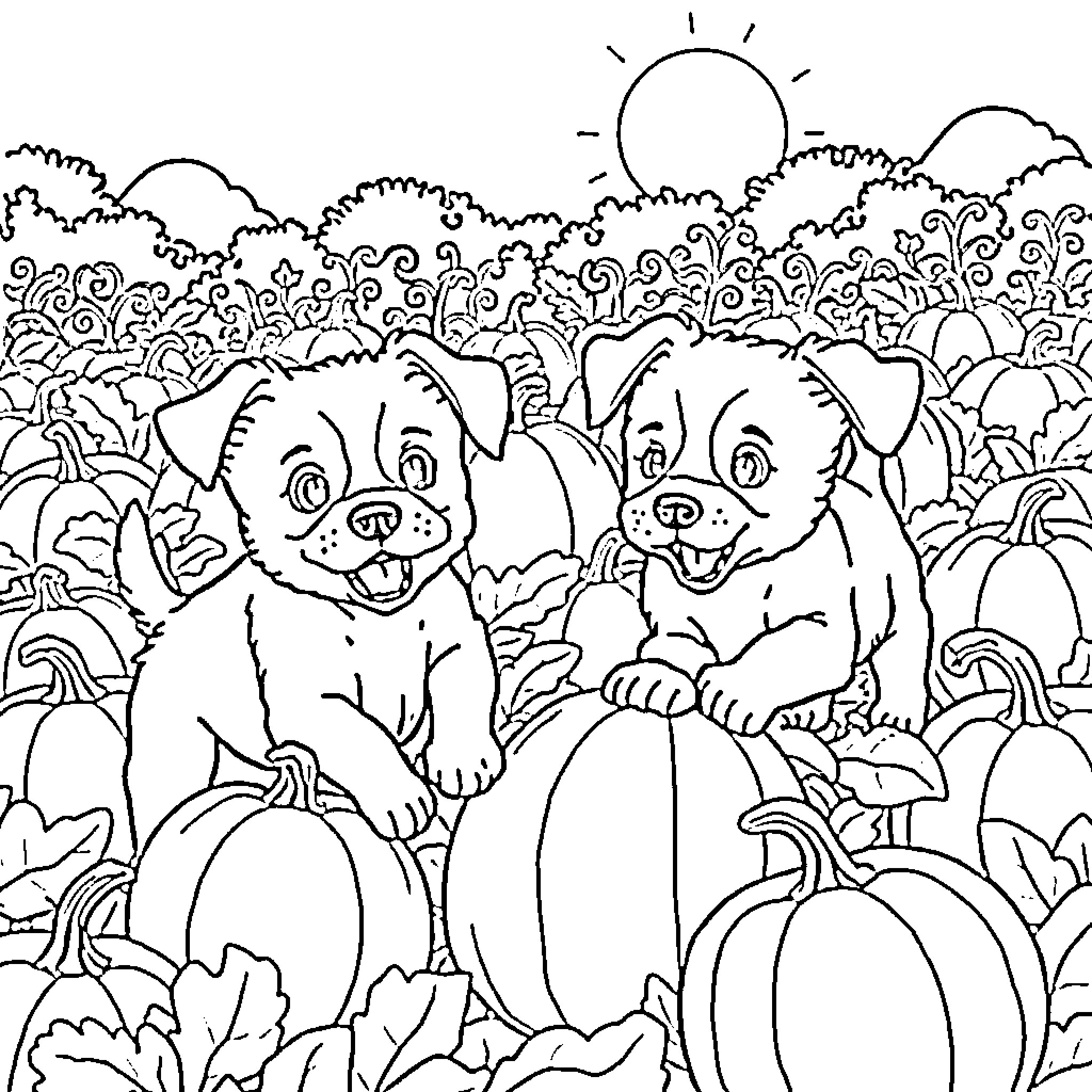 Puppies exploring the autumn pumpkin patch Coloring Page (free black-and-white line drawing printable PDF for all, from beginners to advanced learners, including children, teens, adults, and seniors)