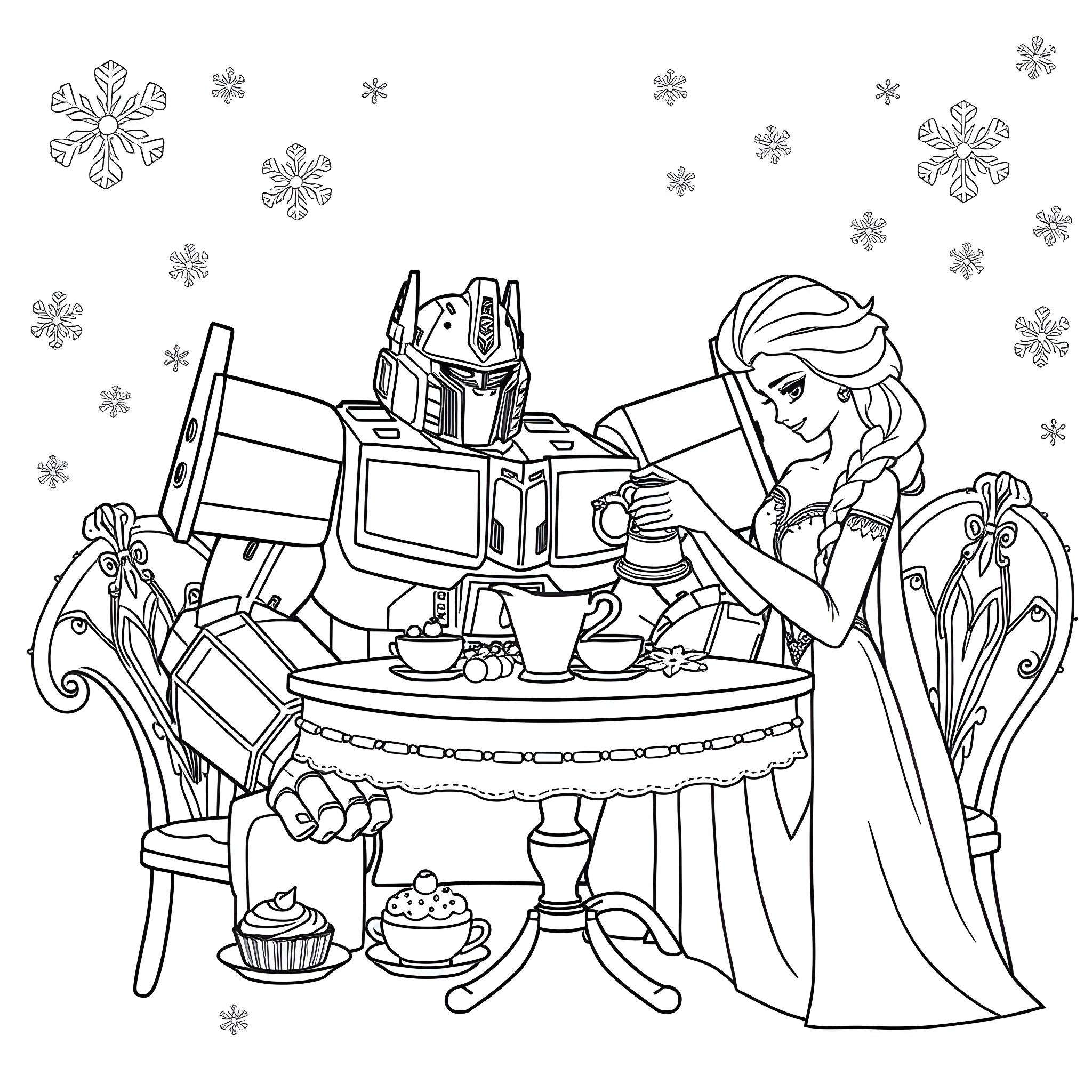 Optimus Prime enjoys tea time with Elsa Coloring Page (free black-and-white line drawing printable PDF for all, from beginners to advanced learners, including children, teens, adults, and seniors)