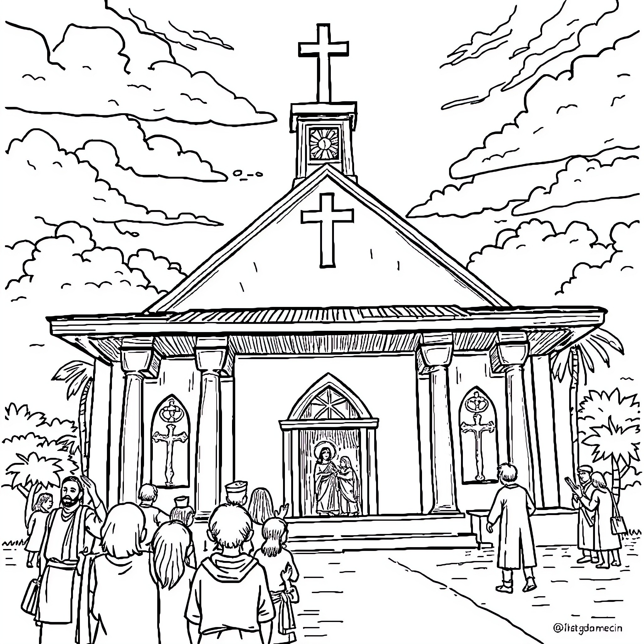 Iglesia with people gathering in front Coloring Page (free black-and-white line drawing printable PDF for all, from beginners to advanced learners, including children, teens, adults, and seniors)