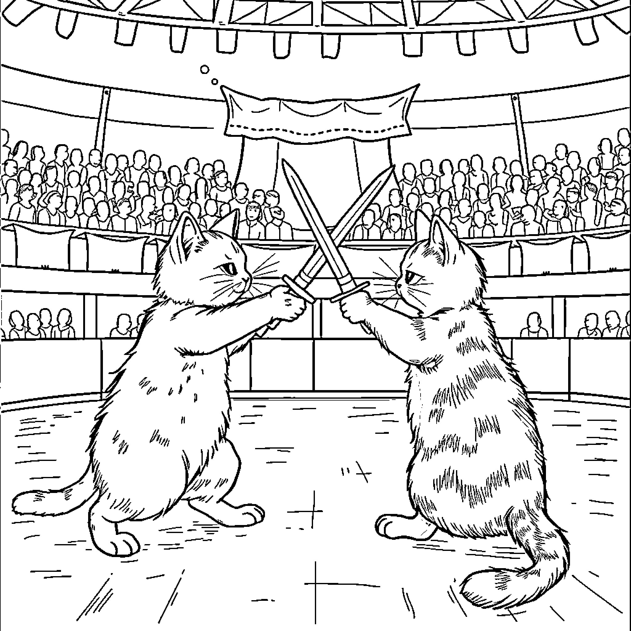 Cat Performers in the Circus Arena Coloring Page (free black-and-white line drawing printable PDF for all, from beginners to advanced learners, including children, teens, adults, and seniors)