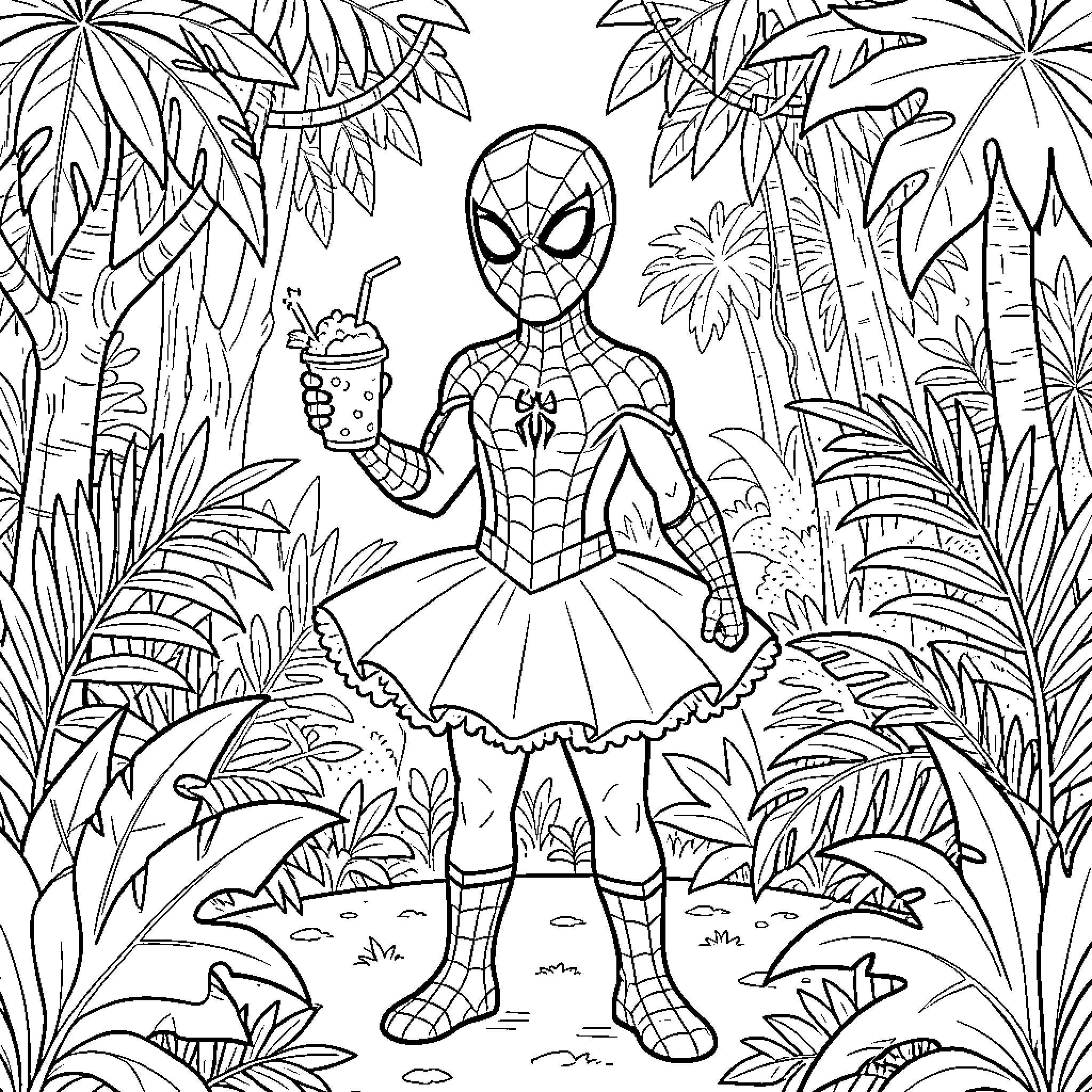 Spiderman enjoying a refreshing beverage in the jungle Coloring Page (free black-and-white line drawing printable PDF for all, from beginners to advanced learners, including children, teens, adults, and seniors)
