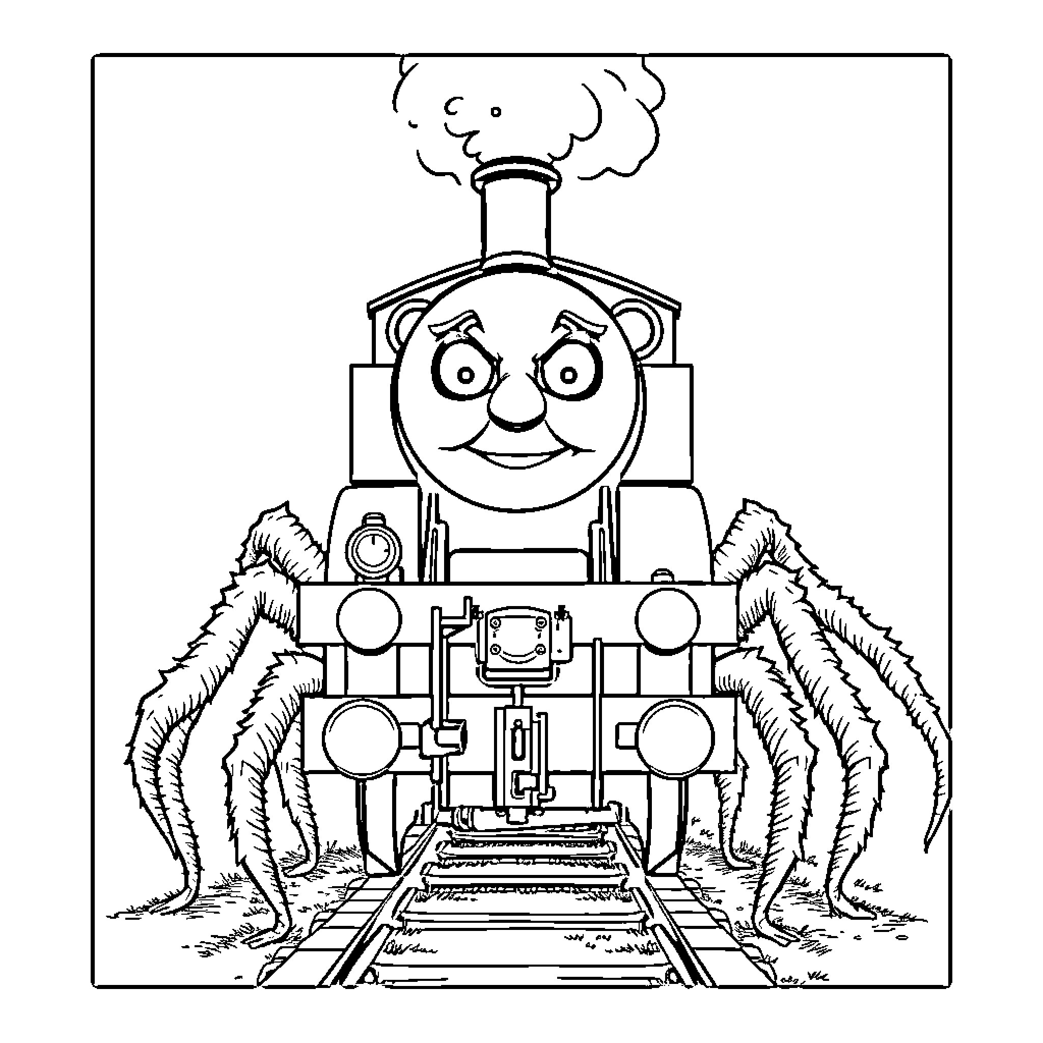 Thomas the Train and his Spider-like Legs Coloring Page (free black-and-white line drawing printable PDF for all, from beginners to advanced learners, including children, teens, adults, and seniors)