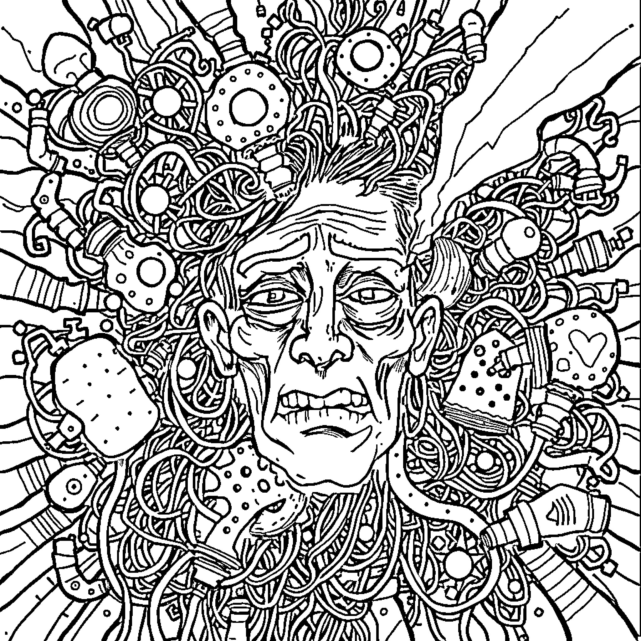 Brainrot: Chaotic Cerebral Creativity Coloring Page (free black-and-white line drawing printable PDF for all, from beginners to advanced learners, including children, teens, adults, and seniors)
