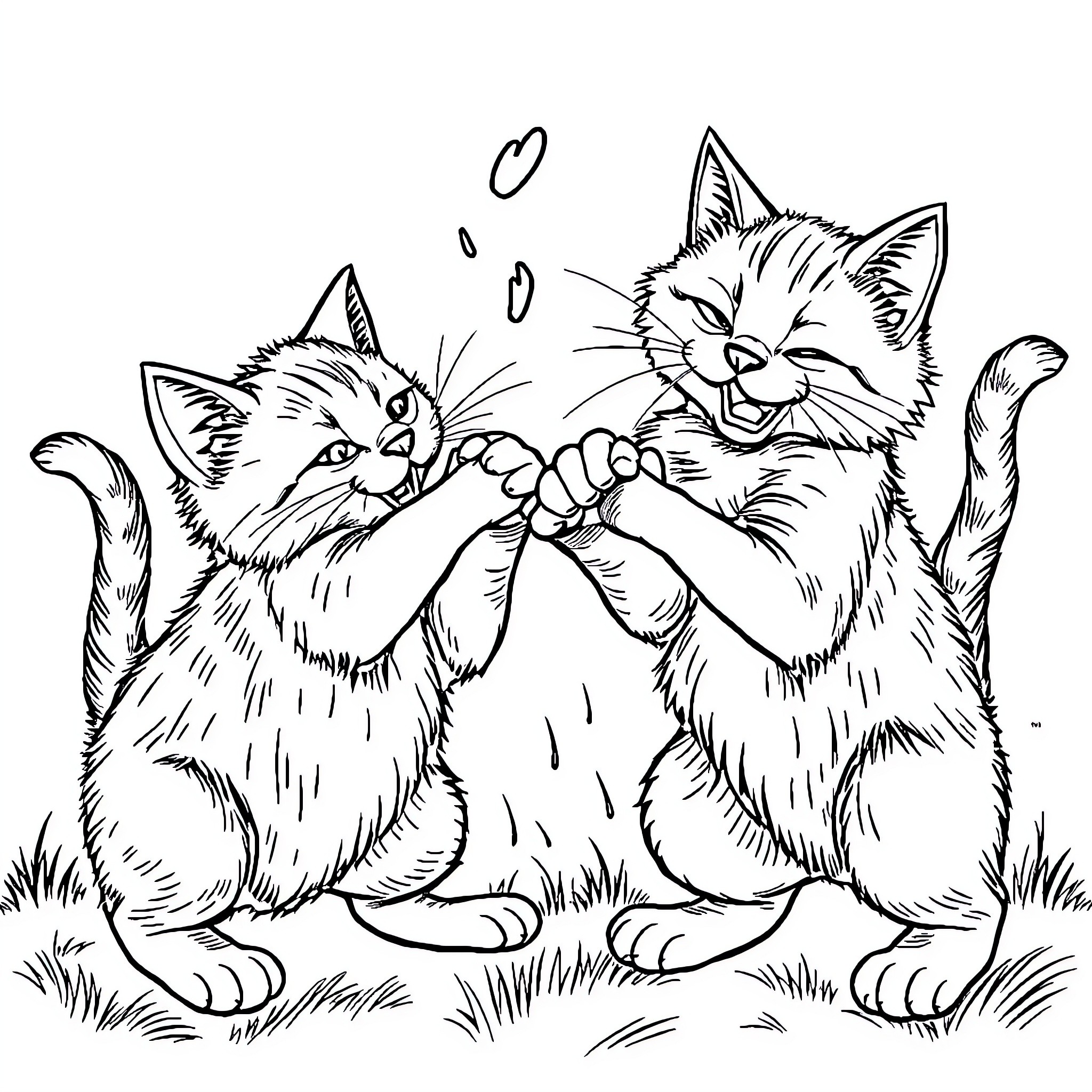 Cats Playfully Chasing Each Other Coloring Page (free black-and-white line drawing printable PDF for all, from beginners to advanced learners, including children, teens, adults, and seniors)