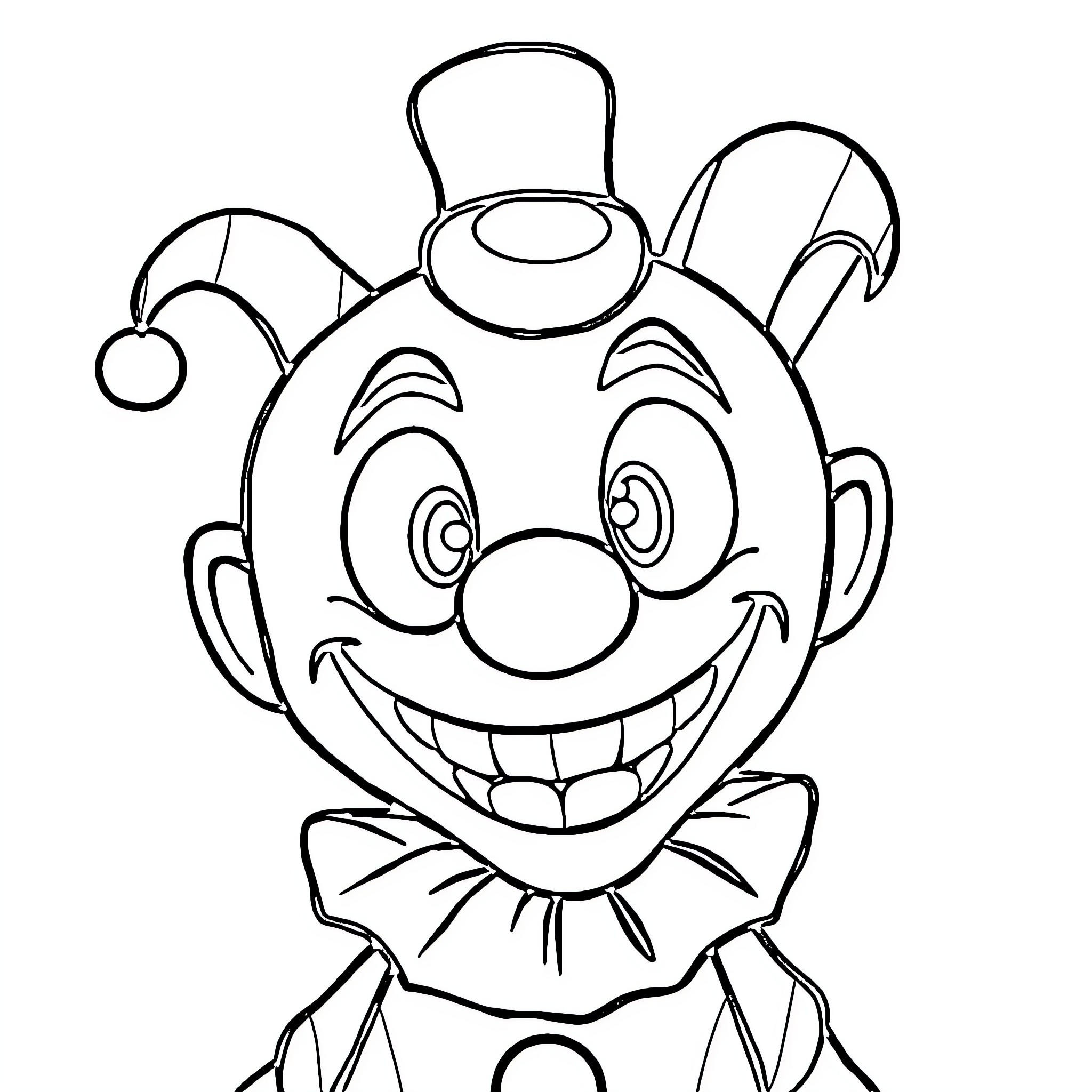 Clown with Jester Hat Smiling Playfully Coloring Page (free black-and-white line drawing printable PDF for all, from beginners to advanced learners, including children, teens, adults, and seniors)