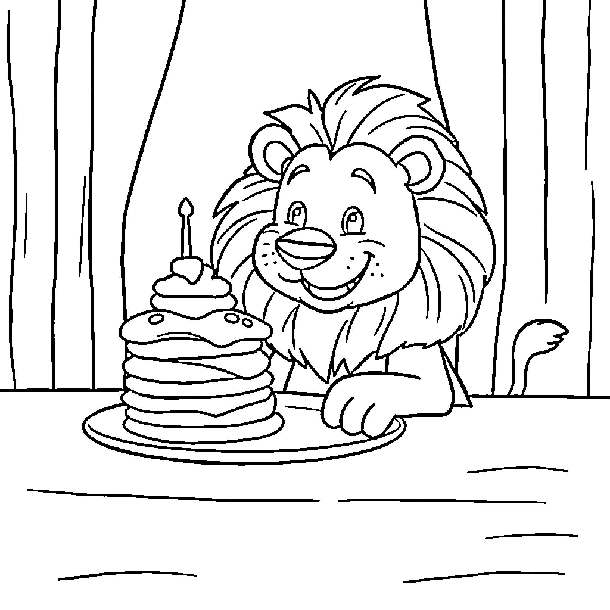 Lion celebrating birthday with cake Coloring Page (free black-and-white line drawing printable PDF for all, from beginners to advanced learners, including children, teens, adults, and seniors)